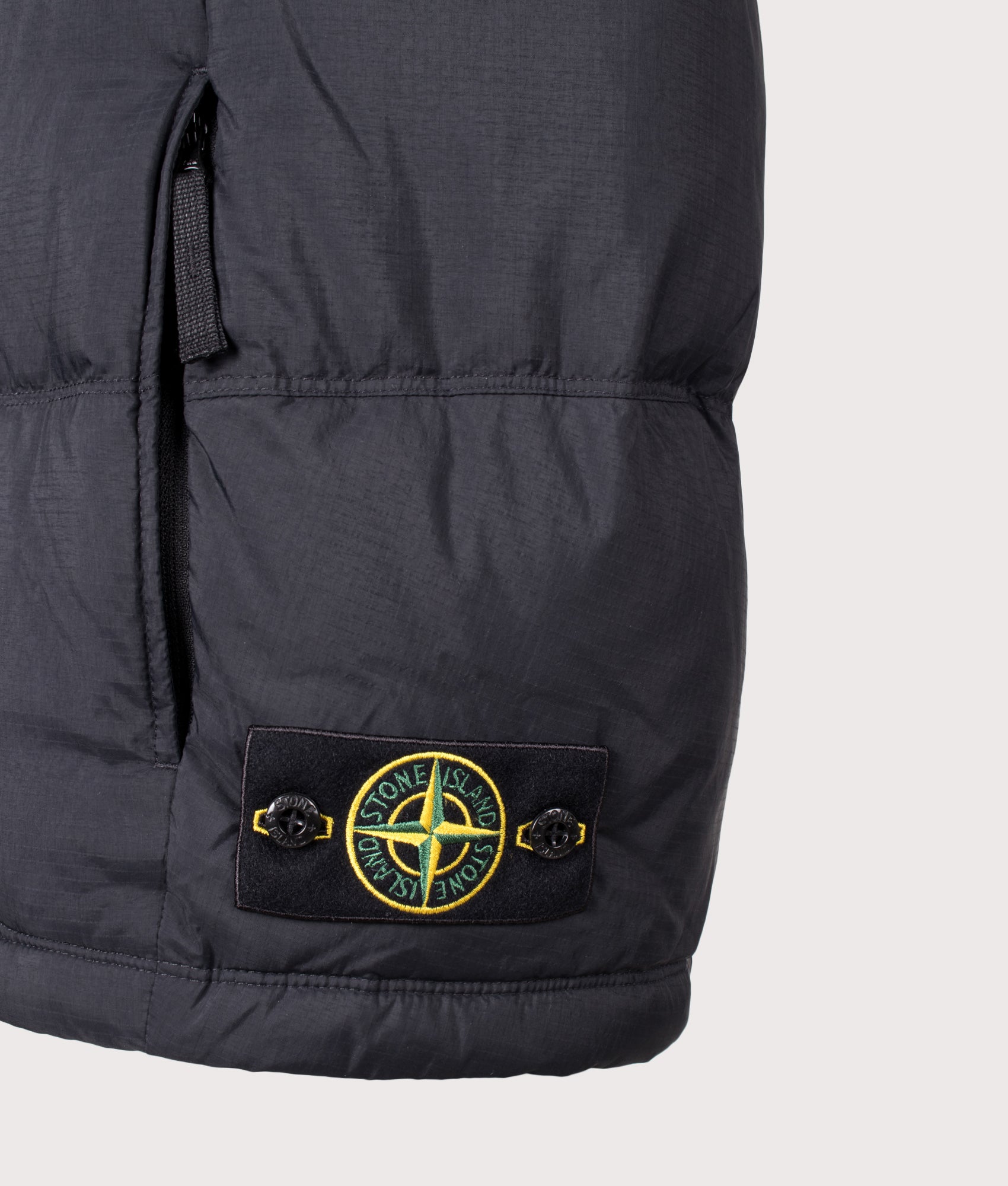 Stone Island Matt Ripstop CORDURA® Advanced Fabrics Vest in Black at EQVVS Menswear. Detail shot.