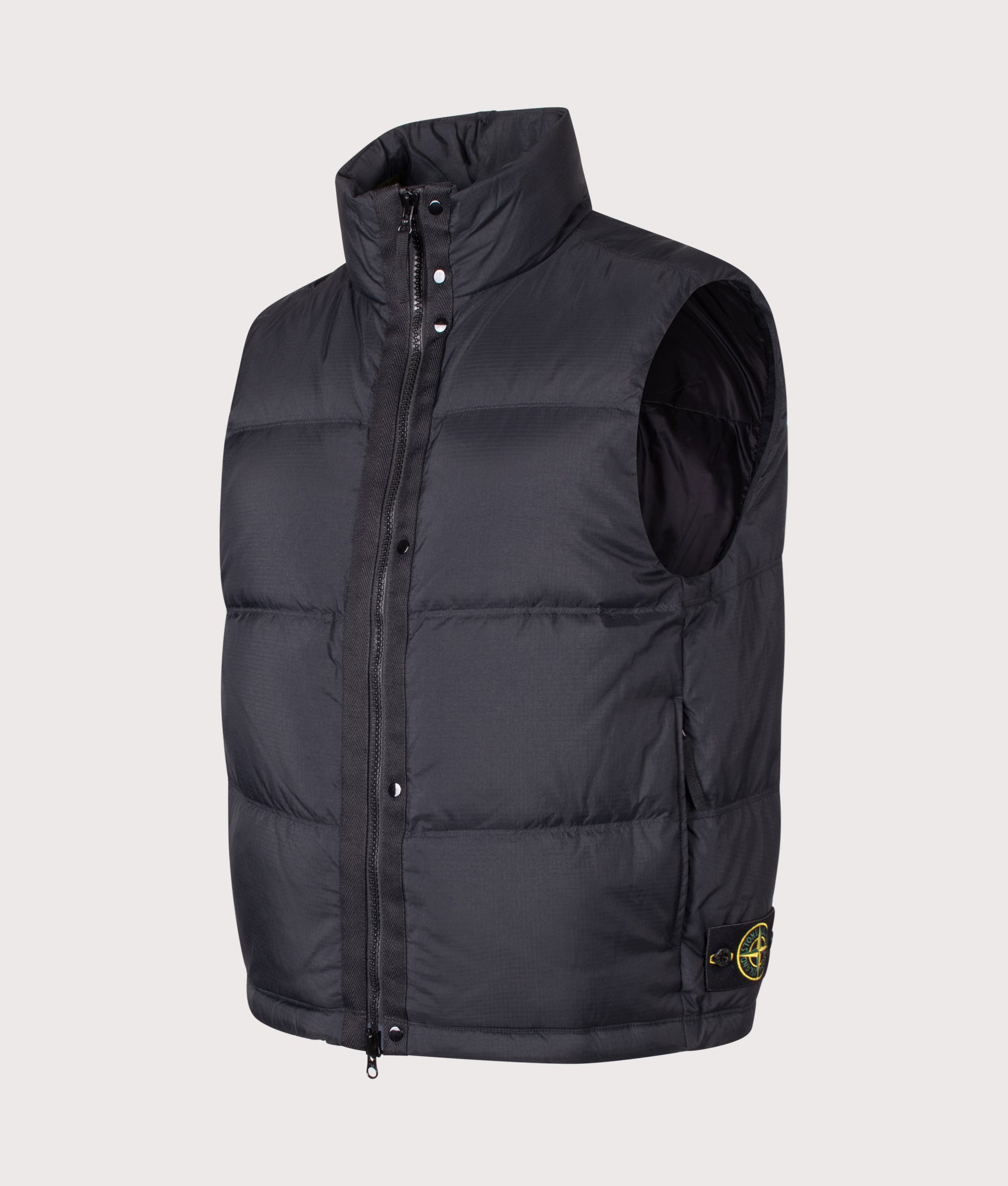 Stone Island Matt Ripstop CORDURA® Advanced Fabrics Vest in Black at EQVVS Menswear. Angled front shot.