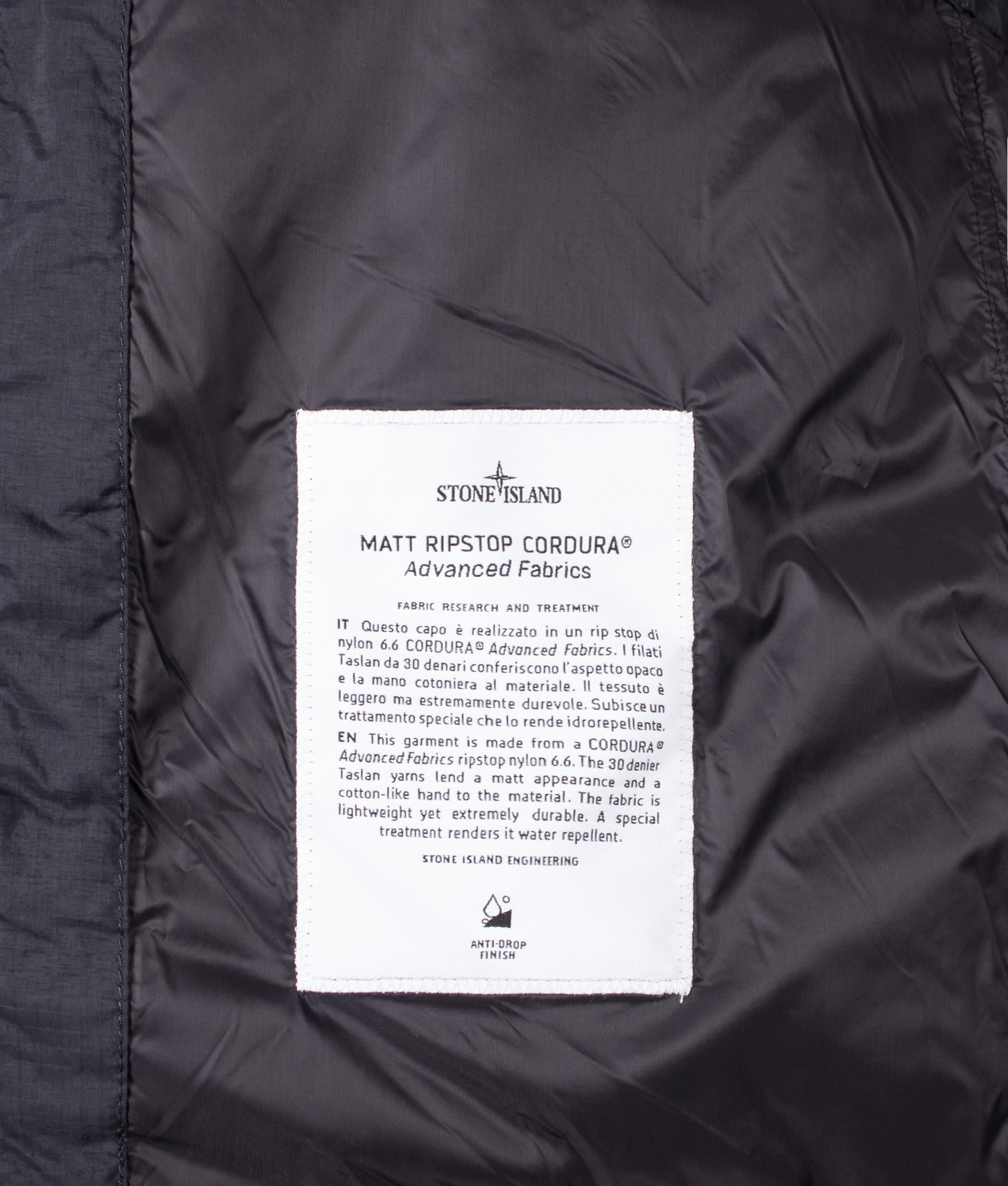 Stone Island Matt Ripstop CORDURA® Advanced Fabrics Vest in Black at EQVVS Menswear. Label shot.