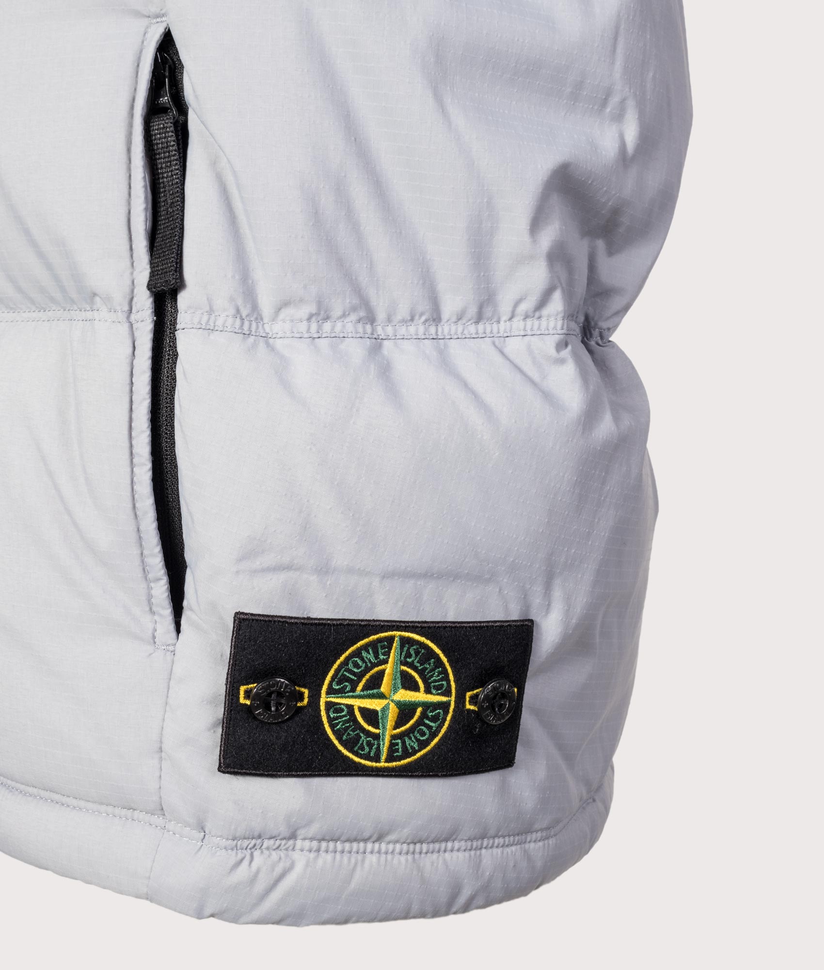 Stone Island Matt Ripstop CORDURA® Advanced Fabrics Vest in Ash Grey at EQVVS Menswear. Detail shot.