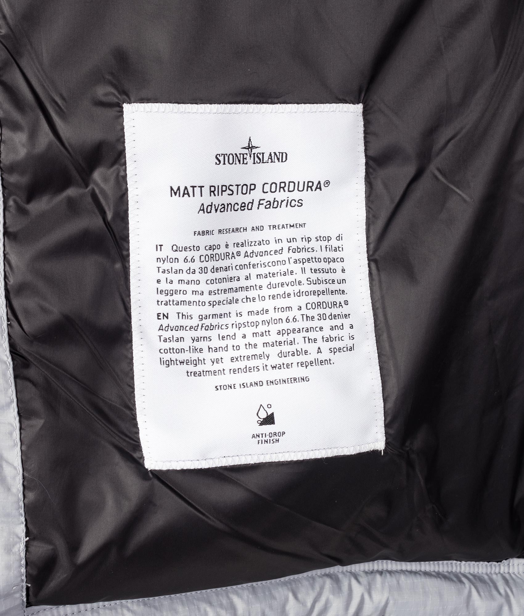Stone Island Matt Ripstop CORDURA® Advanced Fabrics Vest in Ash Grey at EQVVS Menswear. Label shot.
