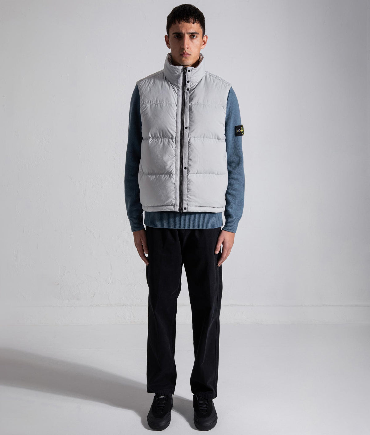 Stone Island Matt Ripstop CORDURA® Advanced Fabrics Vest in Ash Grey at EQVVS Menswear. Model front shot.