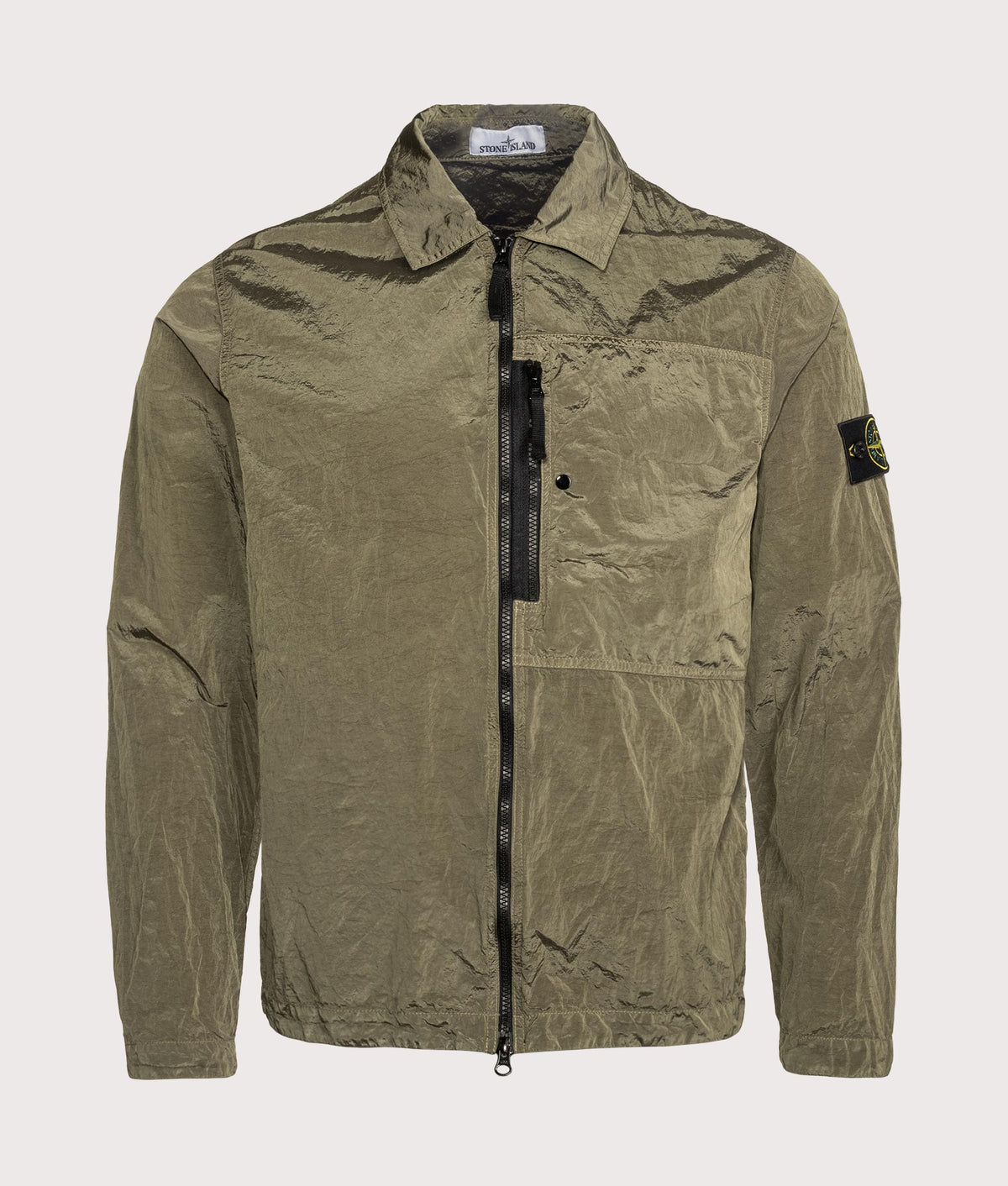 Stone Island Nylon Metal in Econyl® Overshirt in Military Green at EQVVS Menswear. Front shot.