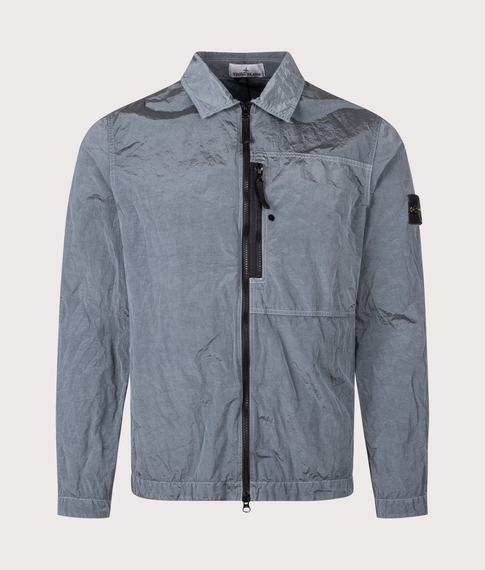 Stone Island Nylon Metal in Econyl® Overshirt in Ash Grey at EQVVS Menswear. Front shot.