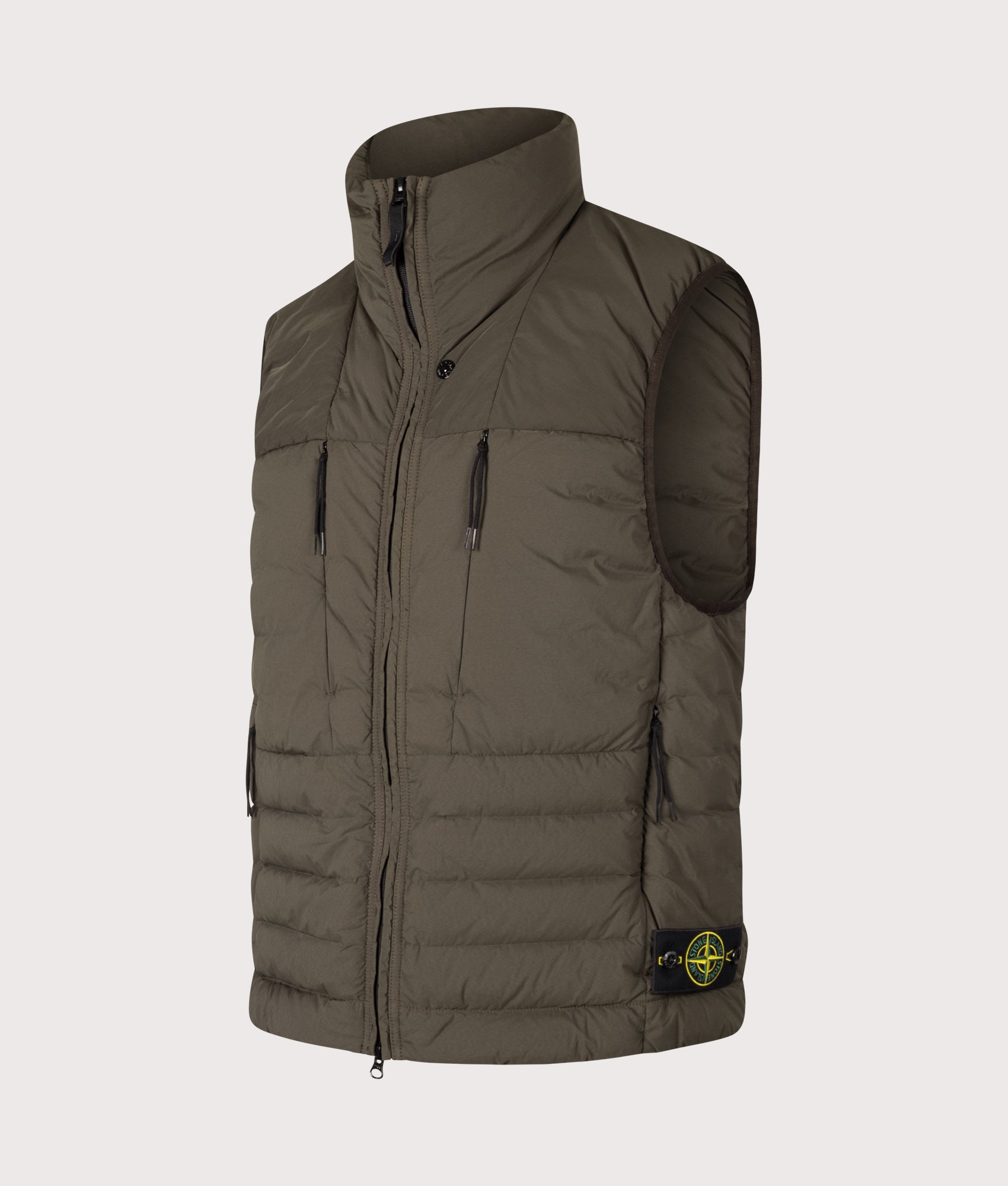 Stone Island Seamless Tunnel Nylon Down-TC Vest in Coal Grey at EQVVS Menswear. Angled front shot.