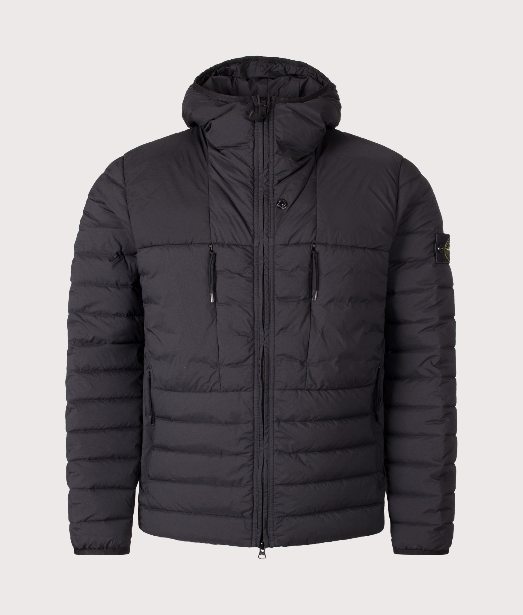 Stone Island Seamless Tunnel Nylon Down-TC Jacket in Black at EQVVS Menswear. Front shot.