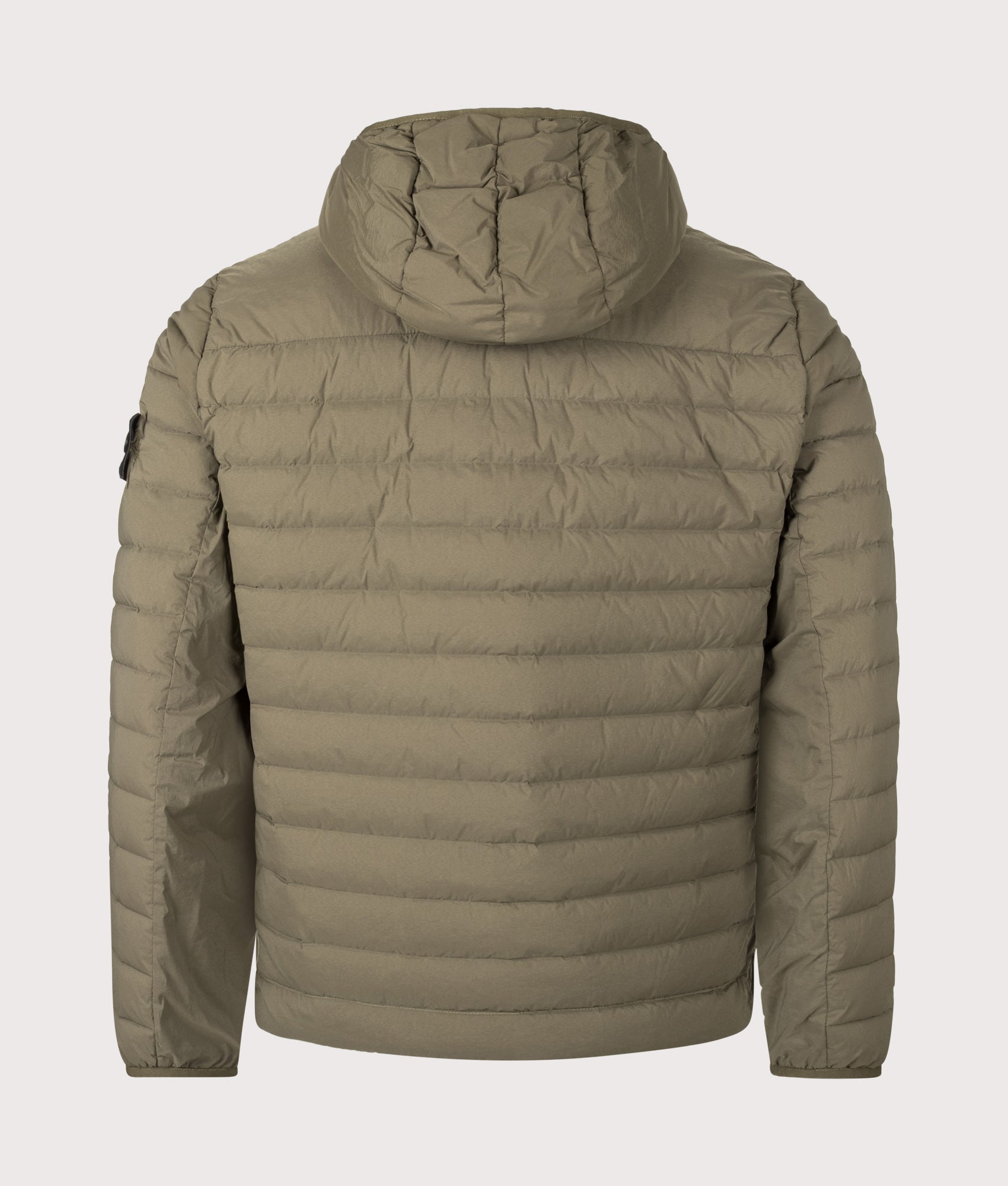 Stone Island Seamless Tunnel Nylon Down-TC Jacket in Military Green at EQVVS Menswear. Back shot.