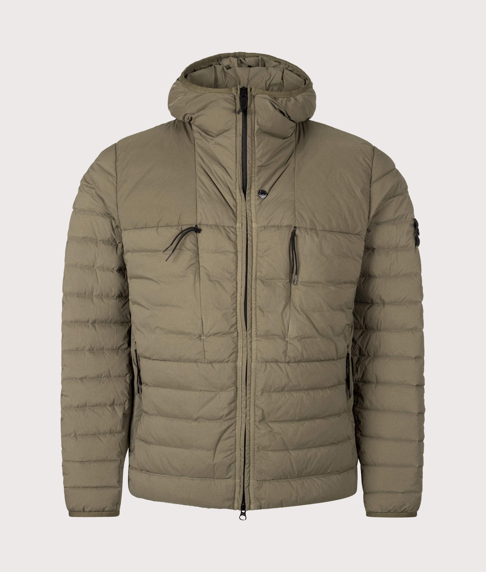 Stone Island Seamless Tunnel Nylon Down-TC Jacket in Military Green at EQVVS Menswear. Front shot.