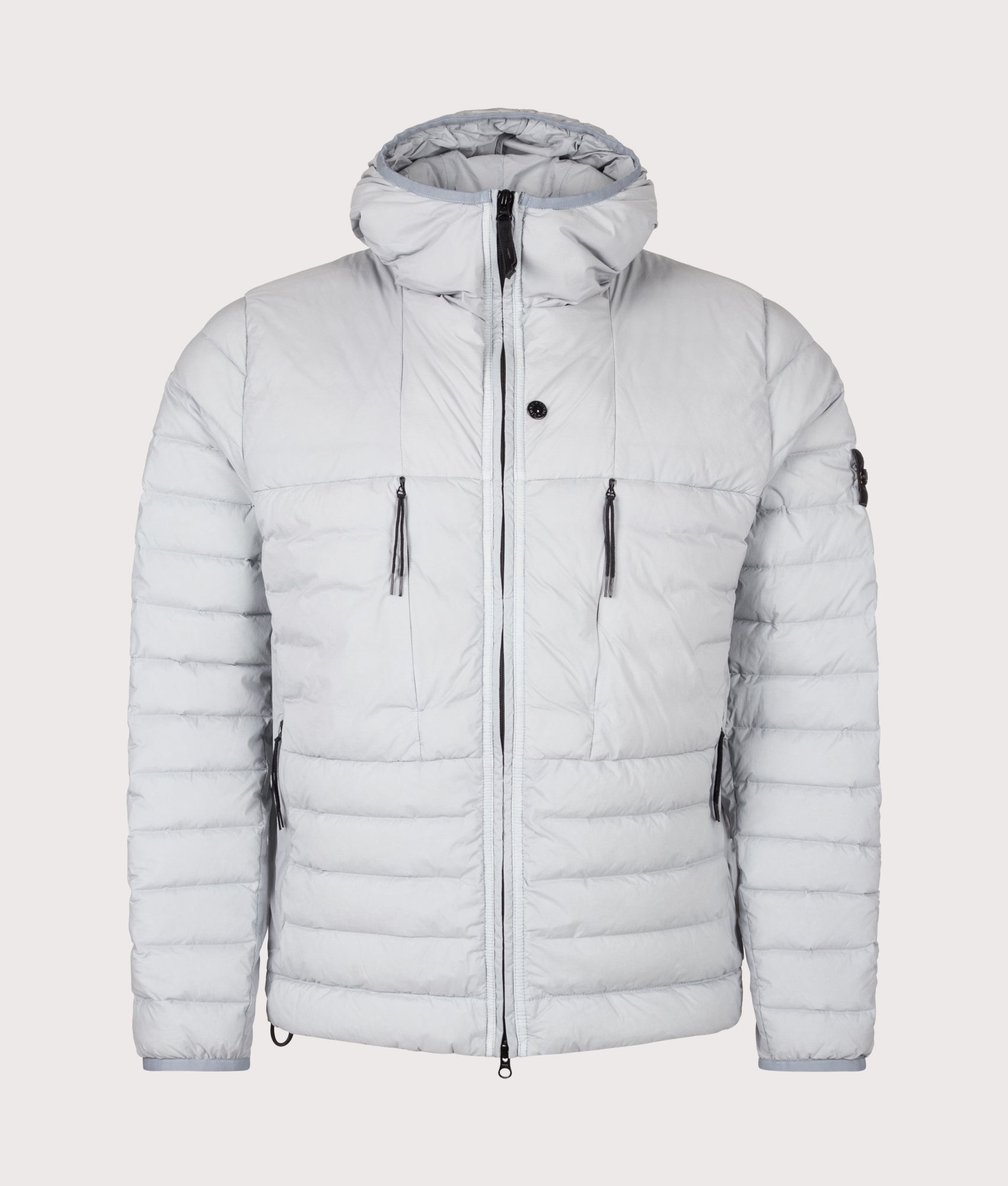 Stone Island Seamless Tunnel Nylon Down-TC Jacket in Ash Grey at EQVVS Menswear. Front shot.