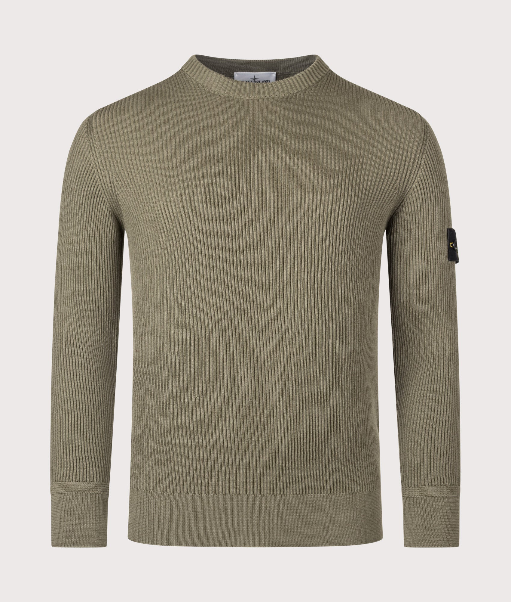 Stone Island Full Rib RWS Wool JumpeR in Military Green at EQVVS Menswear. Front shot.