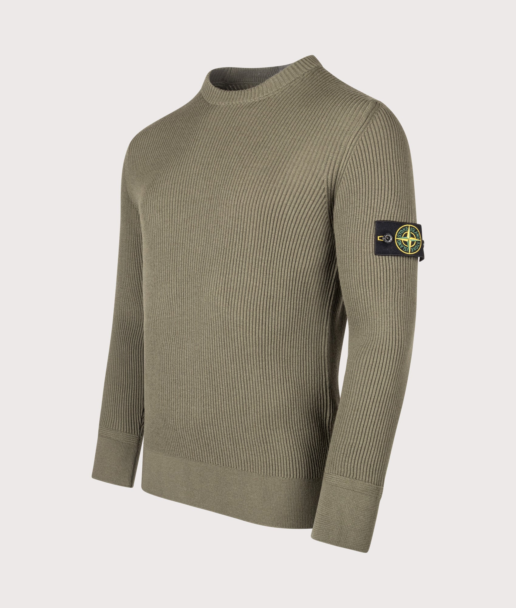 Stone Island Full Rib RWS Wool JumpeR in Military Green at EQVVS Menswear. Angled front shot.