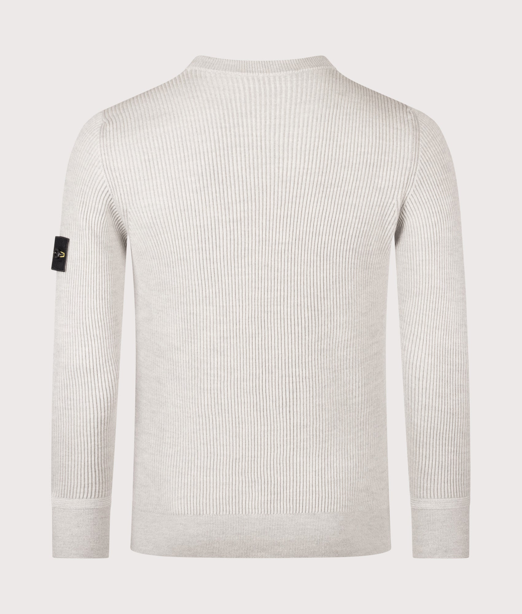 Stone Island Full Rib RWS Wool Jumper in Medium Beige at EQVVS Menswear. Back shot.