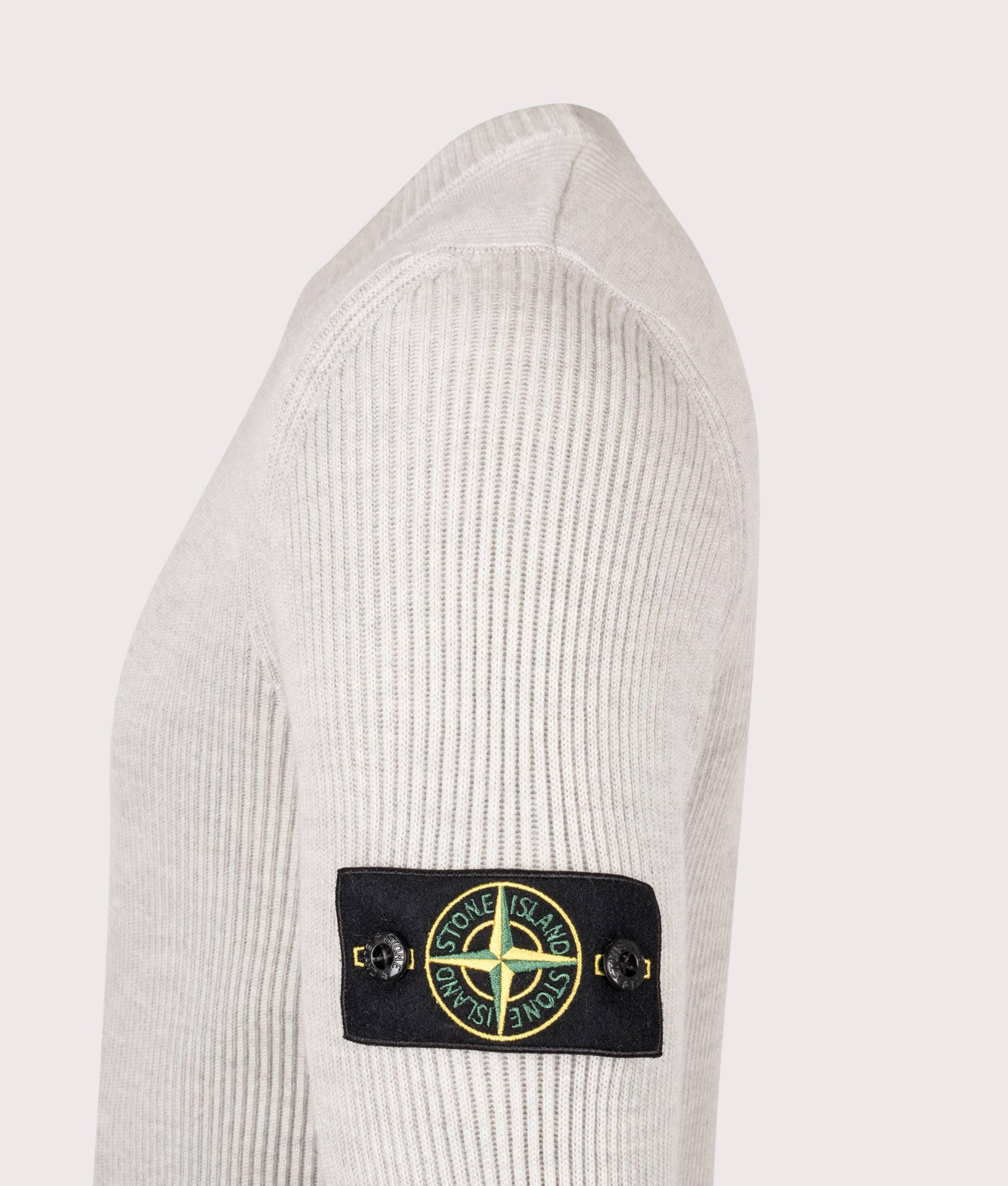 Stone Island Full Rib RWS Wool Jumper in Medium Beige at EQVVS Menswear. Detail shot.