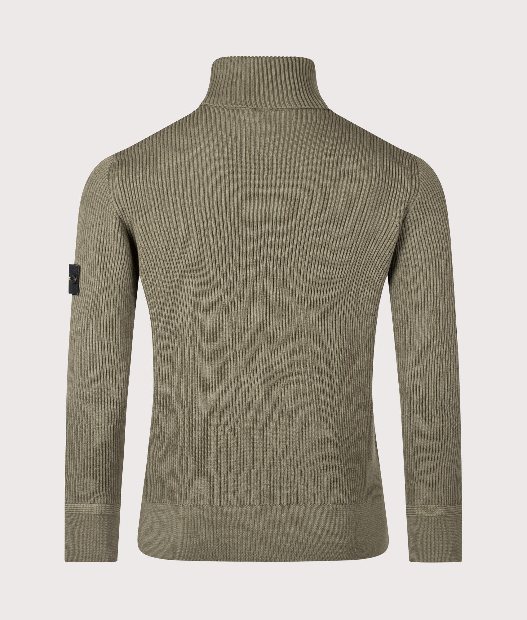 Stone Island Full Rib RWS Wool Turtle Neck Jumper in Military Green at EQVVS Menswear. Back shot.