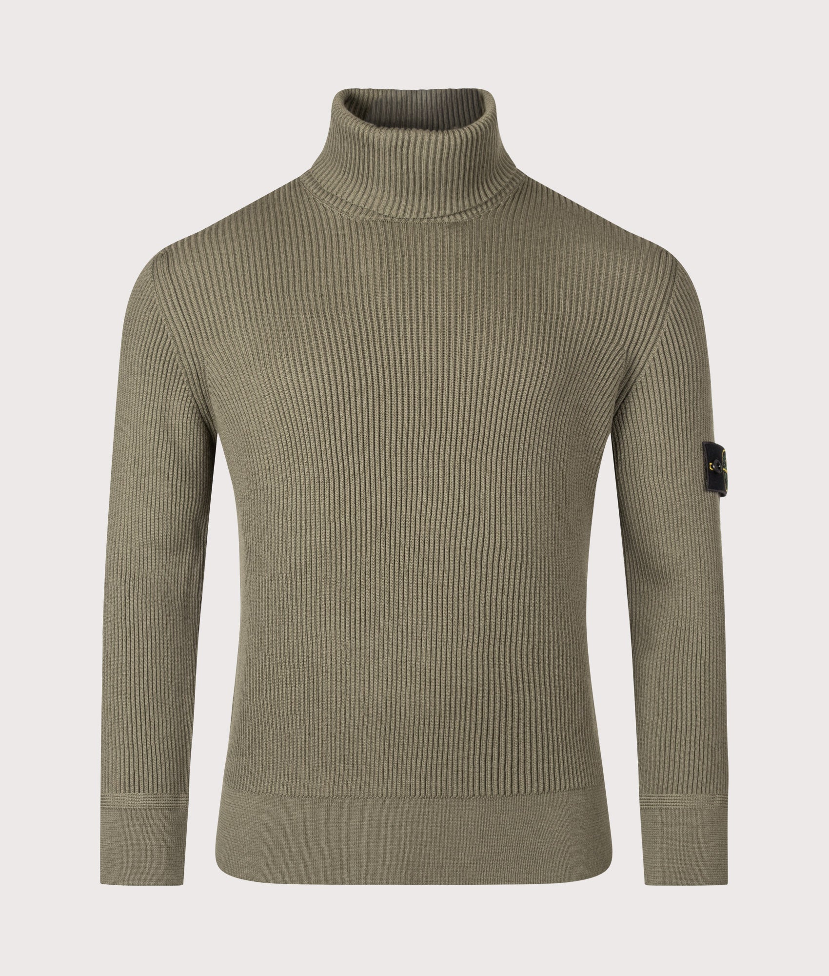 Stone Island Full Rib RWS Wool Turtle Neck Jumper in Military Green at EQVVS Menswear. Front shot.