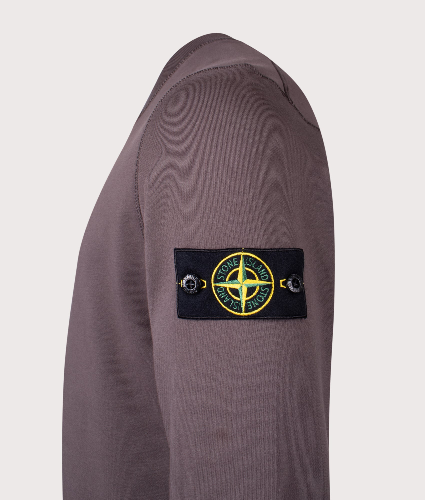 Stone Island Organic Cotton Sweatshirt in Charcoal at EQVVS Menswear. Detail shot.