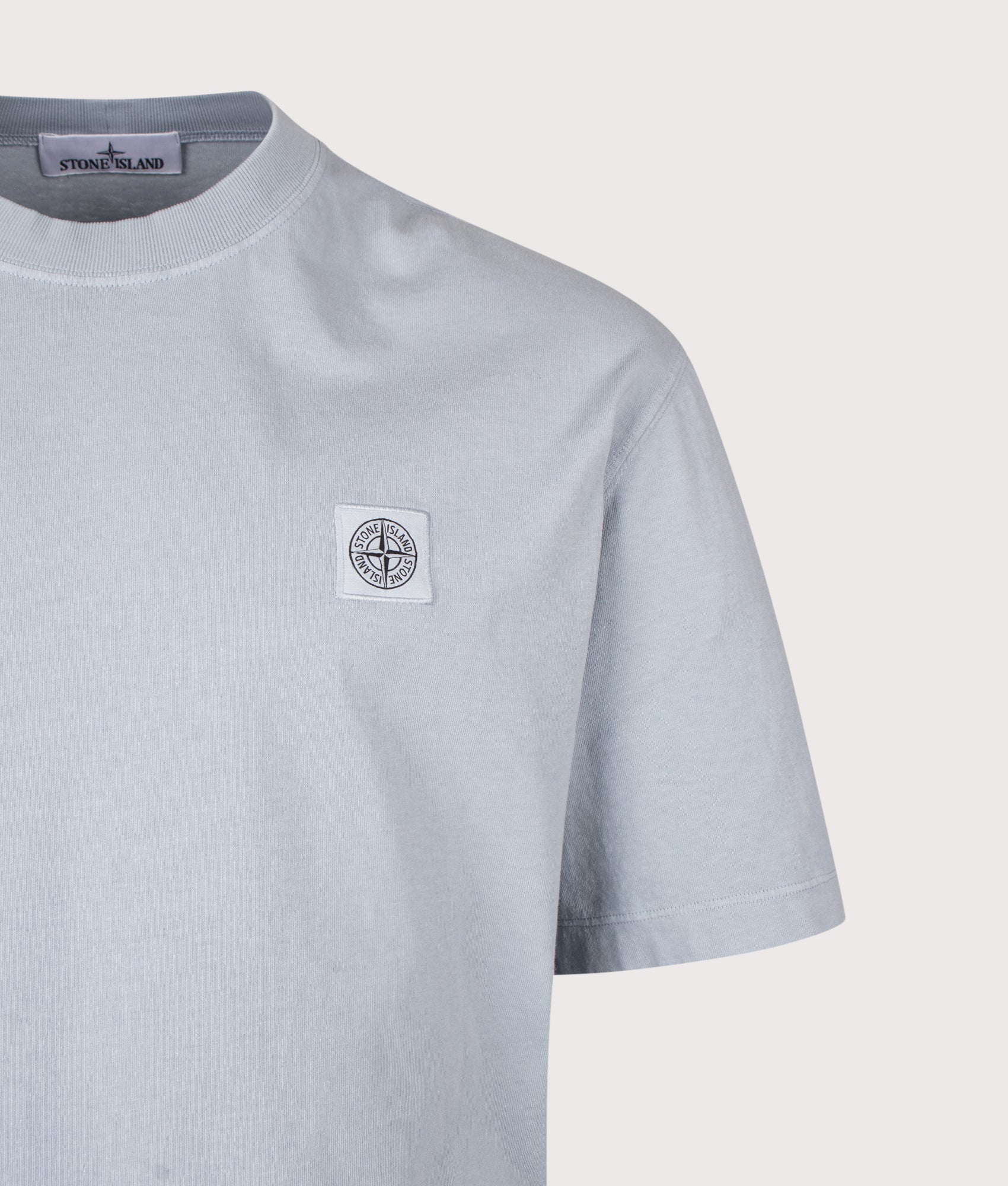 Stone Island Combed Organic Cotton Jersey T-Shirt in Ash Grey at EQVVS Menswear. Detail shot.