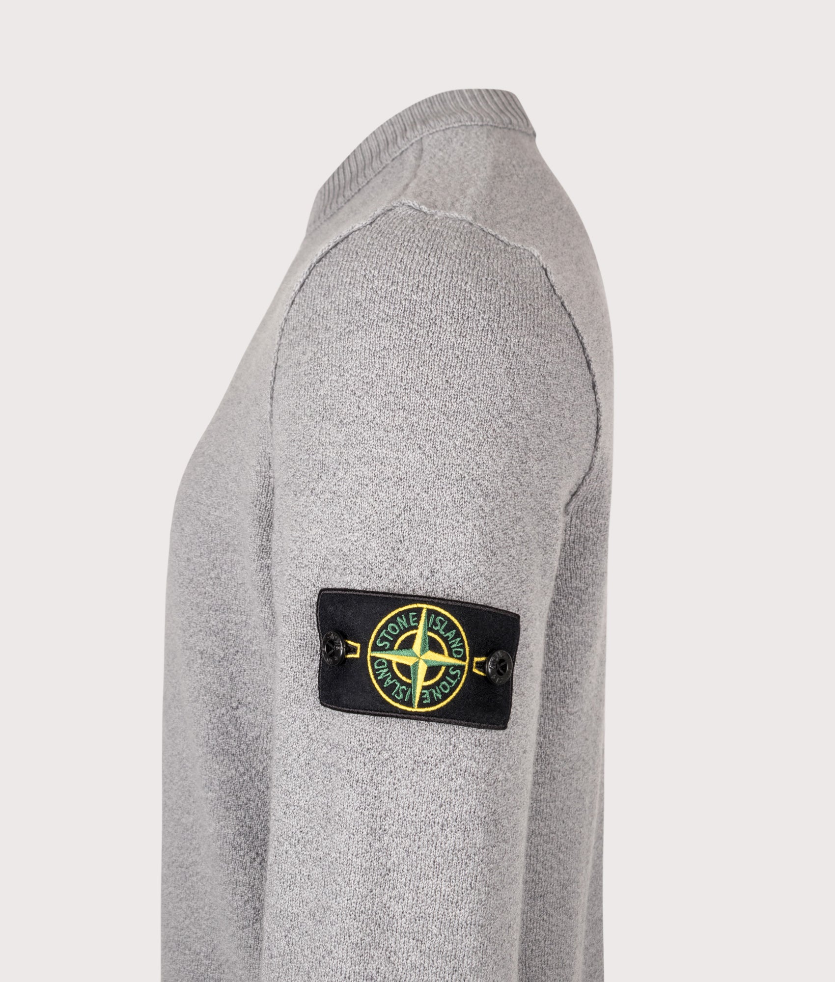 Stone Island Loose Fit Pure RWS Wool Jumper in Ash Grey at EQVVS Menswear. Detail shot.