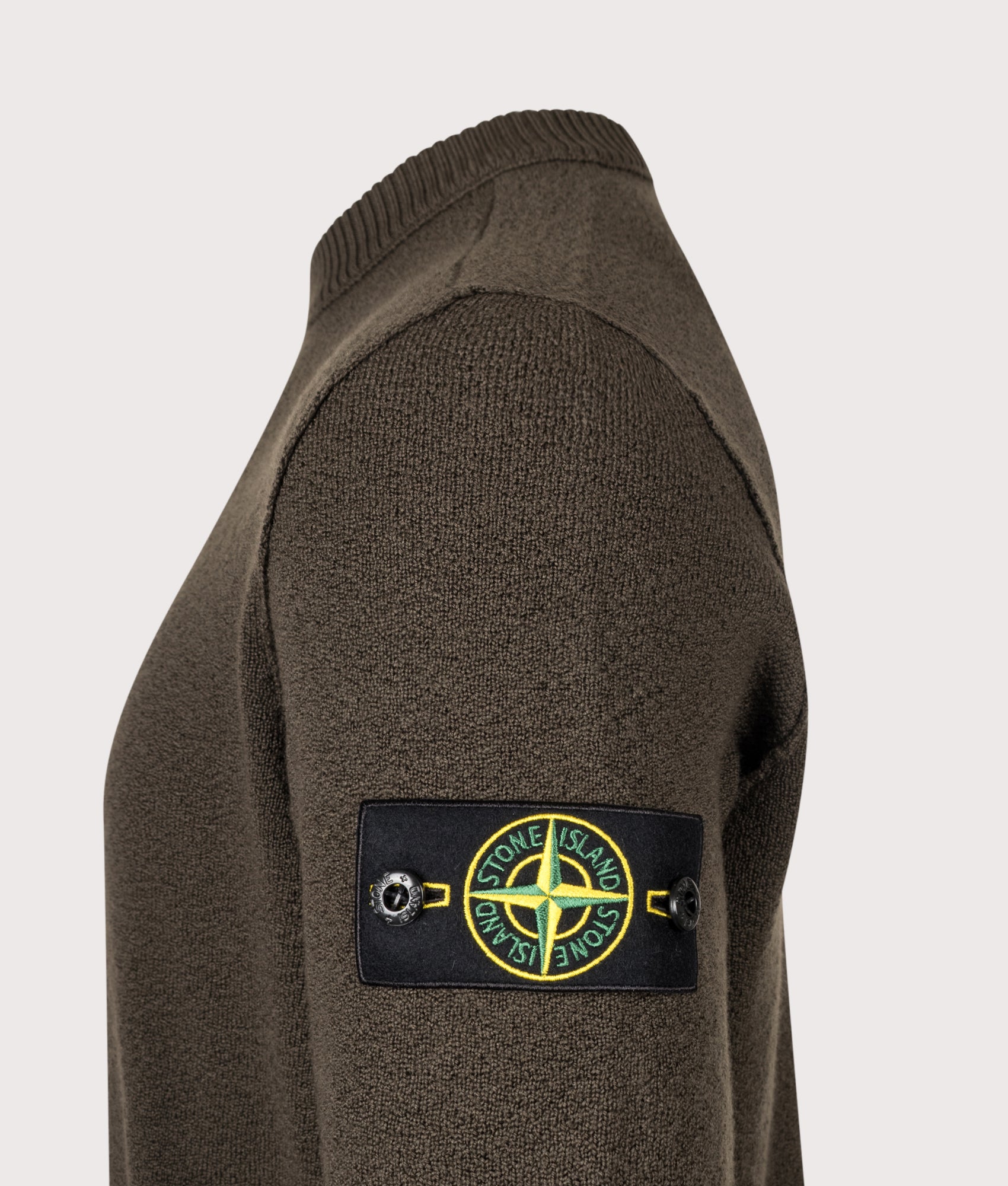 Stone Island Loose Fit Pure RWS Wool Jumper in Coal Grey at EQVVS Menswear. Detail shot.