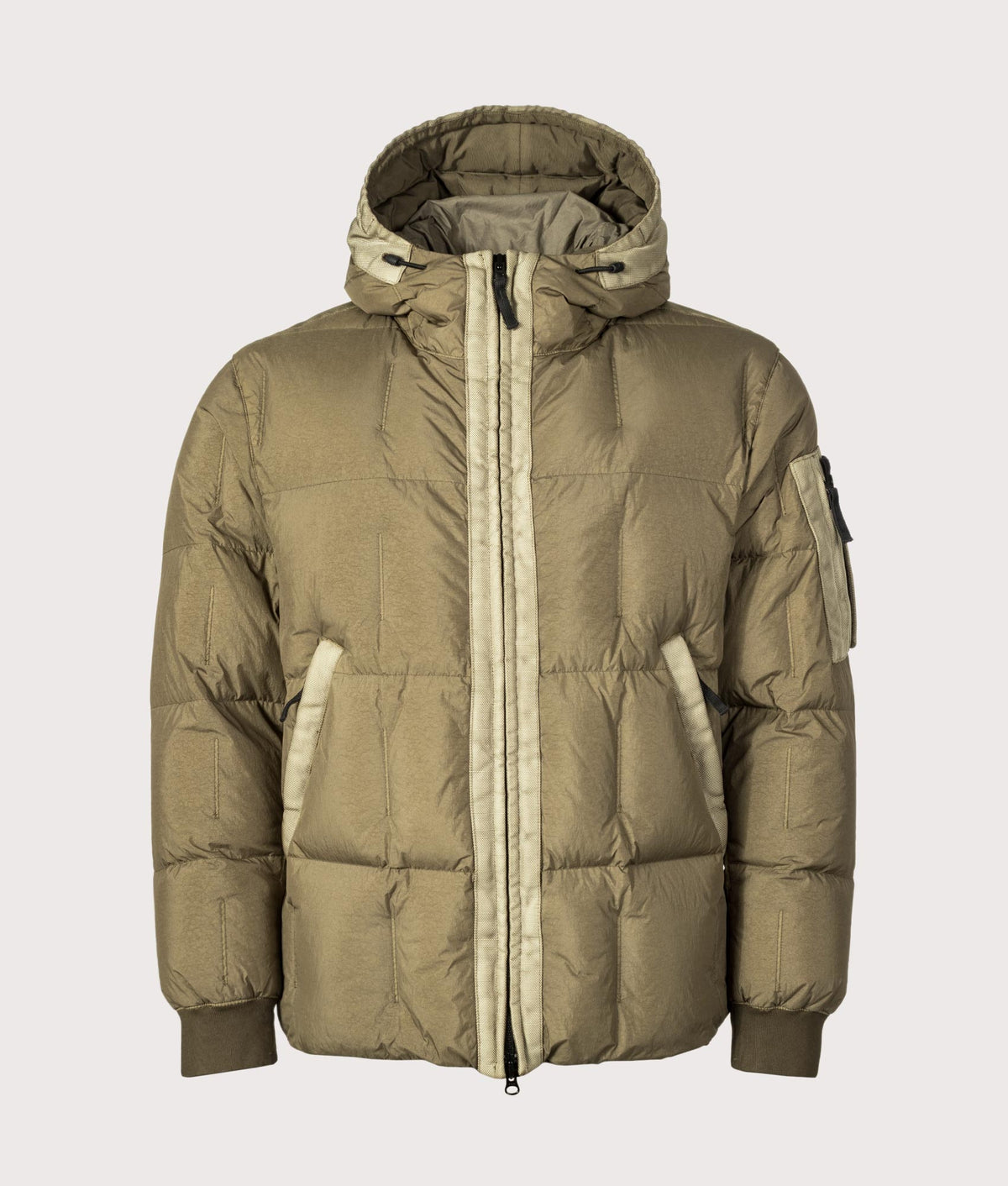 Stone Island Garment Dyed Crinkle Reps NY Down Jacket in Military Green at EQVVS Menswear. Front shot.