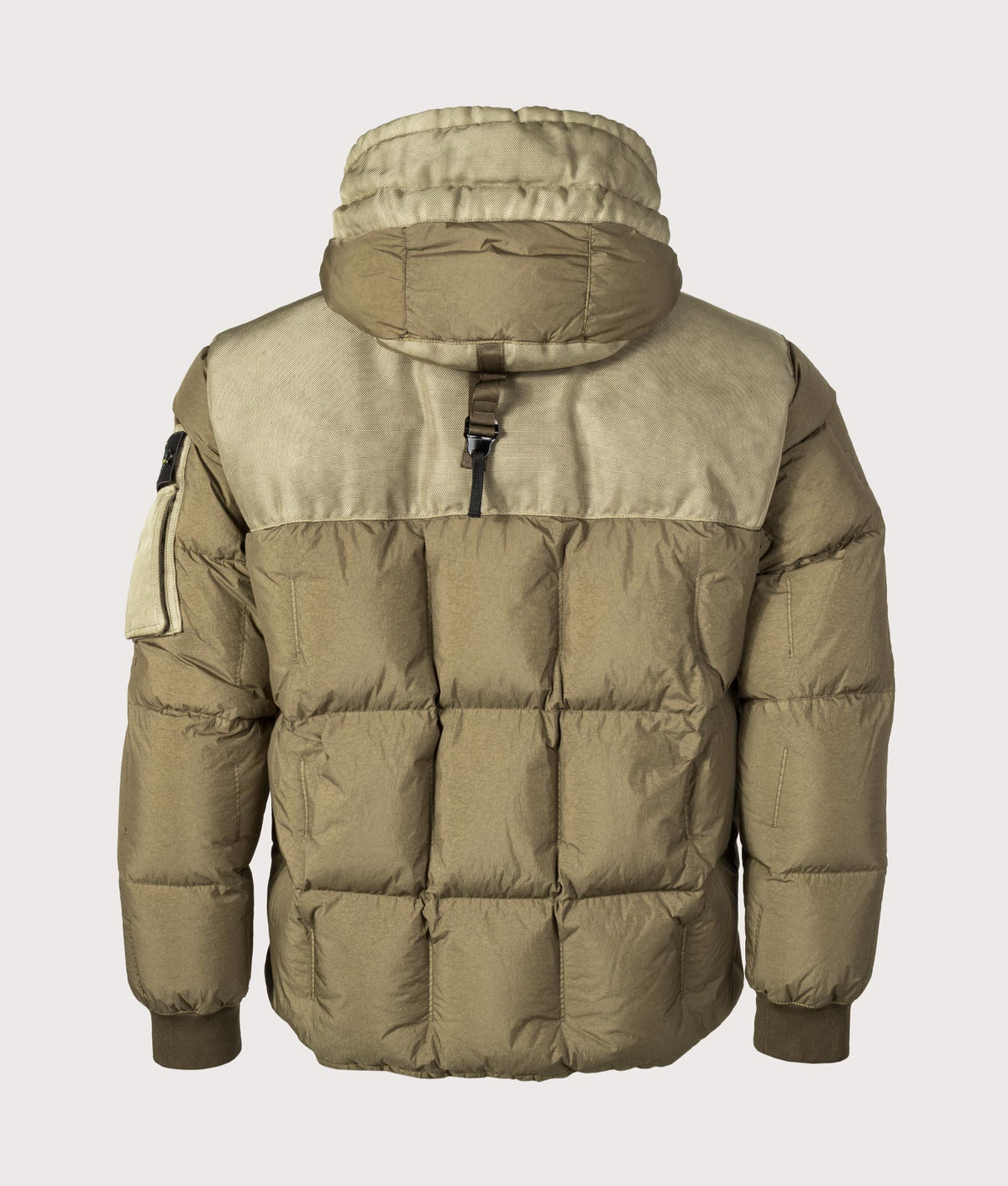Stone Island Garment Dyed Crinkle Reps NY Down Jacket in Military Green at EQVVS Menswear. Back shot.