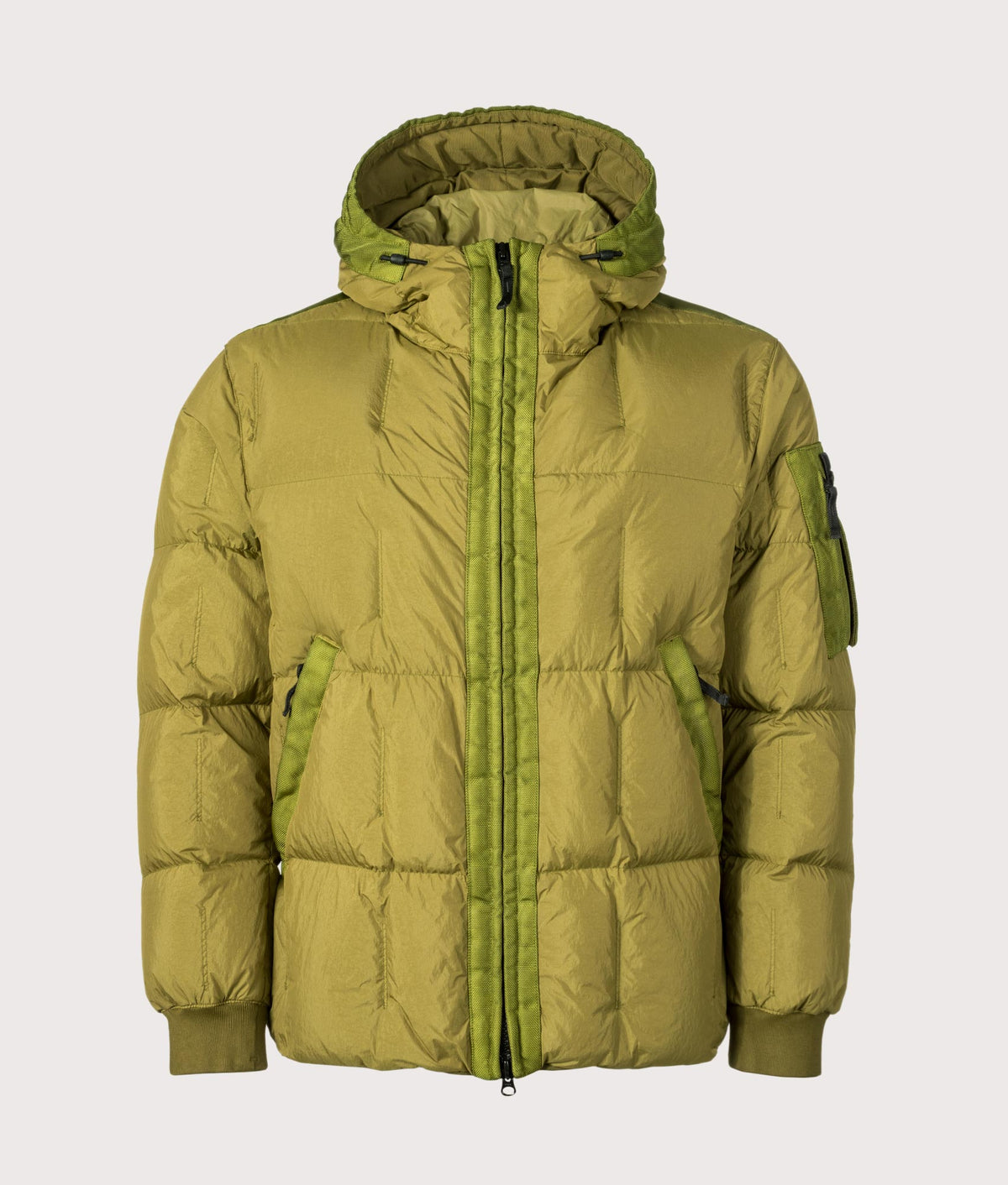 Stone Island Garment Dyed Crinkle Reps NY Down Jacket in Cactus at EQVVS Menswear. Front shot.