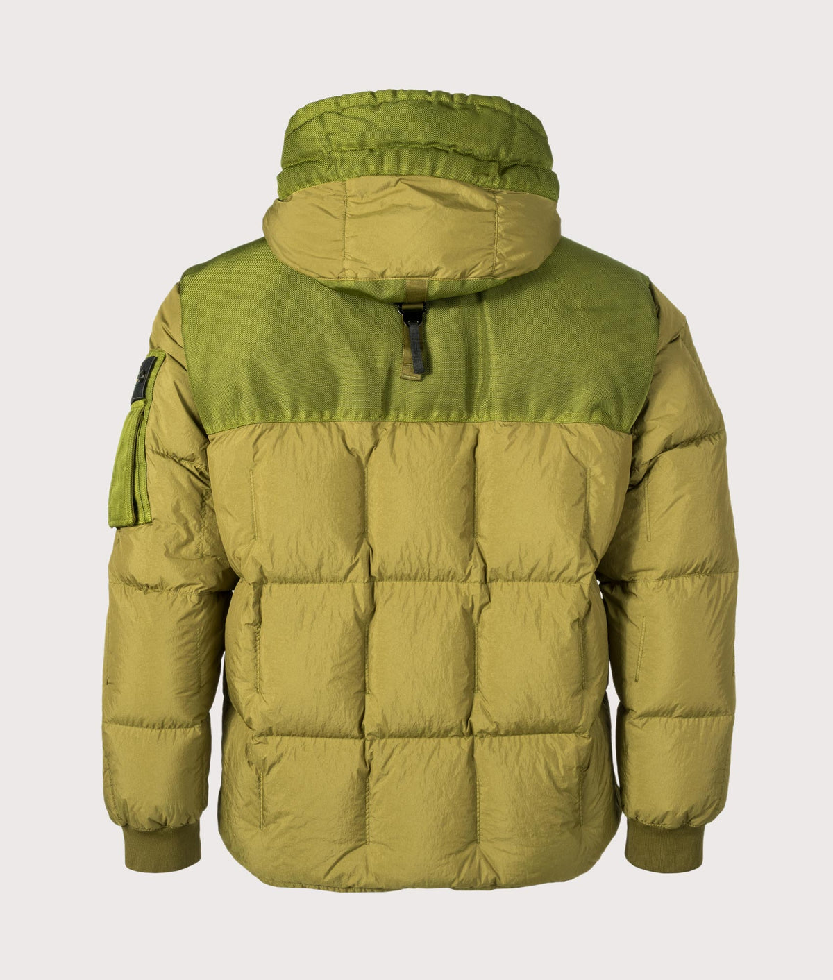 Stone Island Garment Dyed Crinkle Reps NY Down Jacket in Cactus at EQVVS Menswear. Back shot.