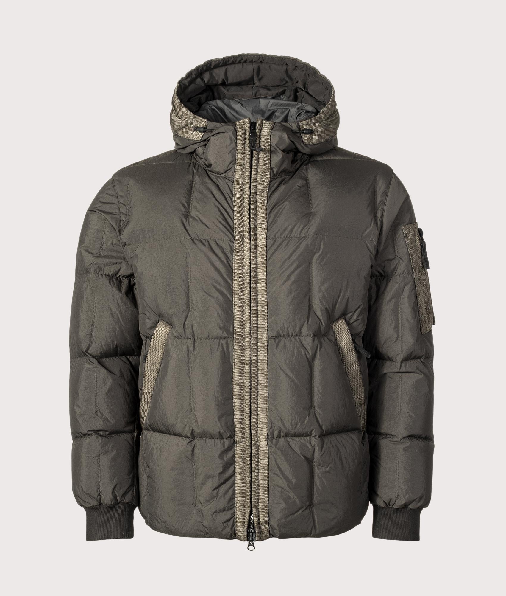 Stone Island Garment Dyed Crinkle Reps NY Down Jacket in Lead Grey at EQVVS Menswear. Front shot.