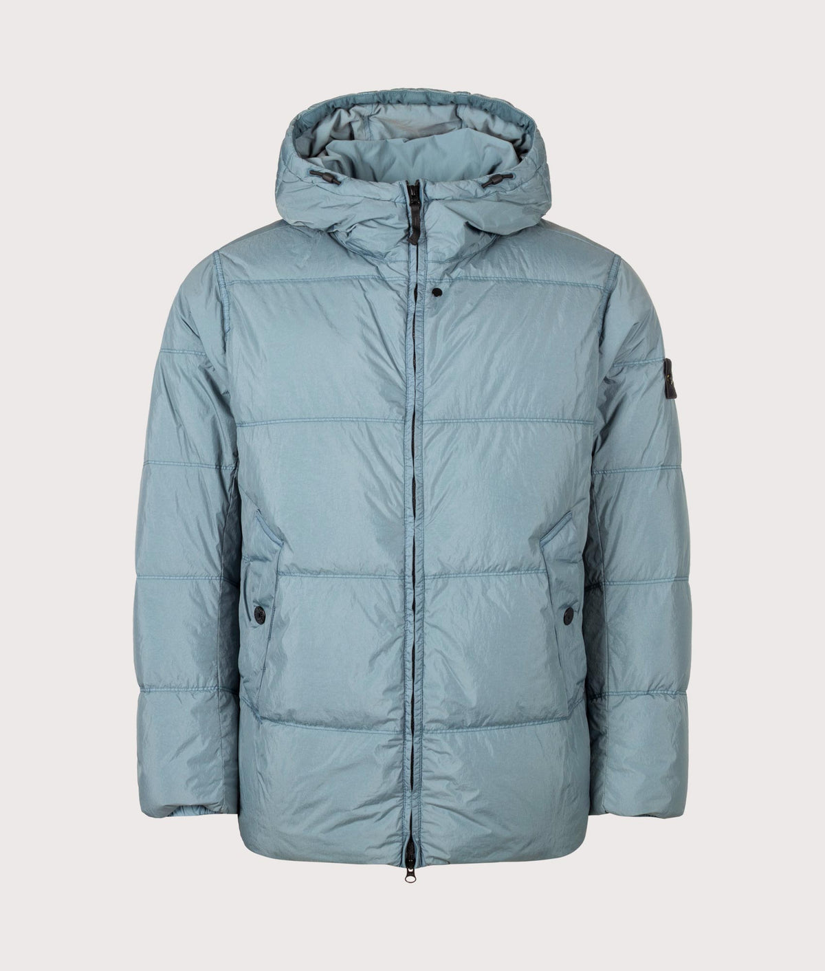 Stone Island Crinkle Reps NY Puffer Jacket in Steel Blue at EQVVS Menswear. Front shot.