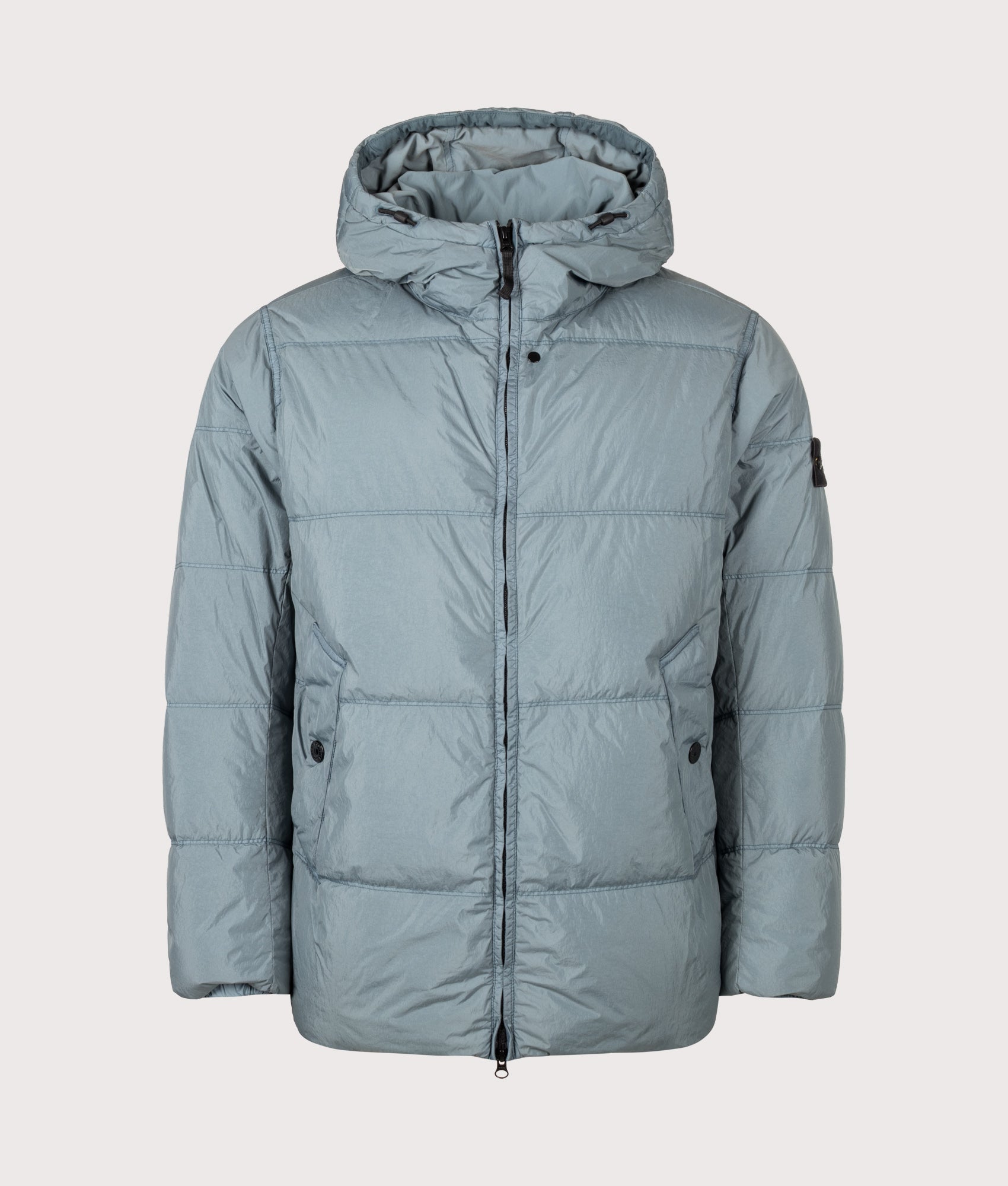 Stone Island Crinkle Reps NY Puffer Jacket in Steel Blue at EQVVS Menswear. Front shot.