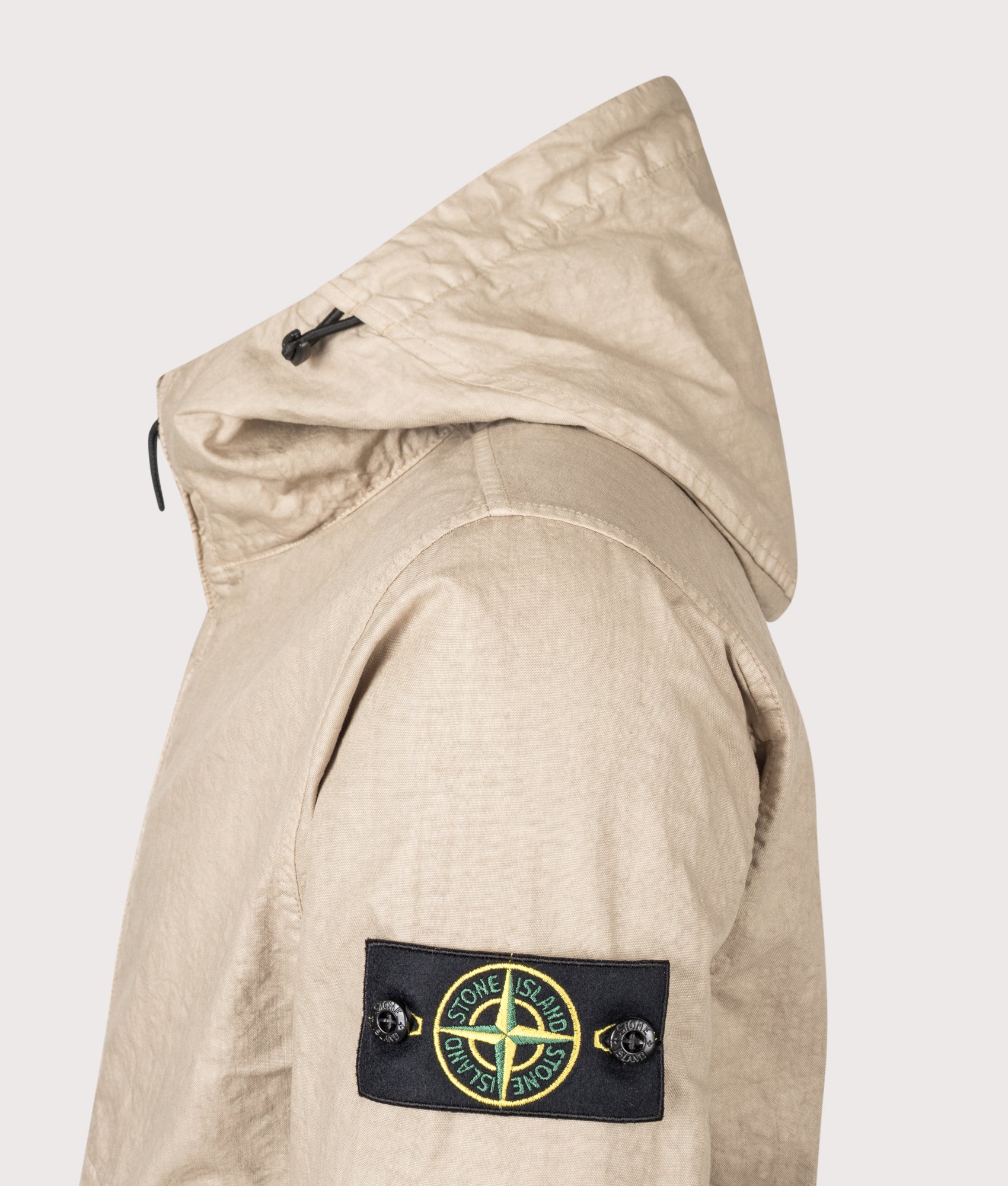 Stone Island Organic-Look Nylon Panama-TC Jacket in Desert sand at EQVVS Menswear. Detail shot.