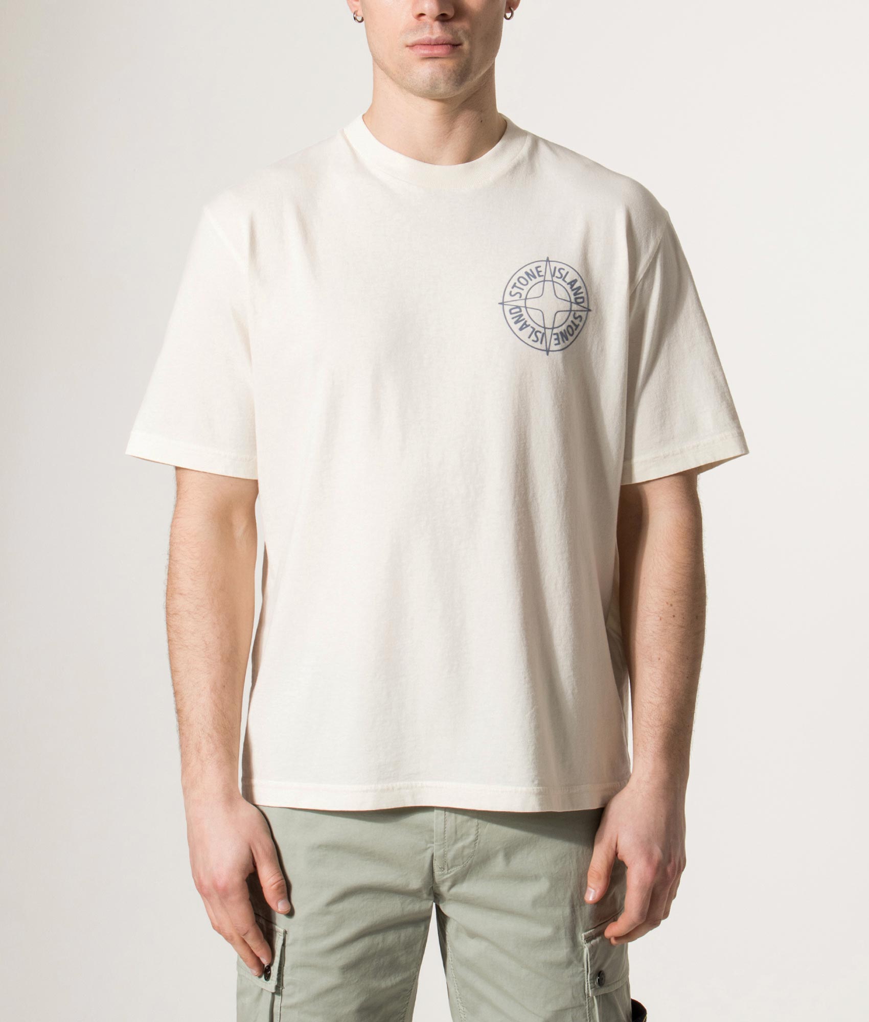 Stone Island ‘Outline Compass’ print T-Shirt in Ivory at EQVVS Menswear. Model front shot.