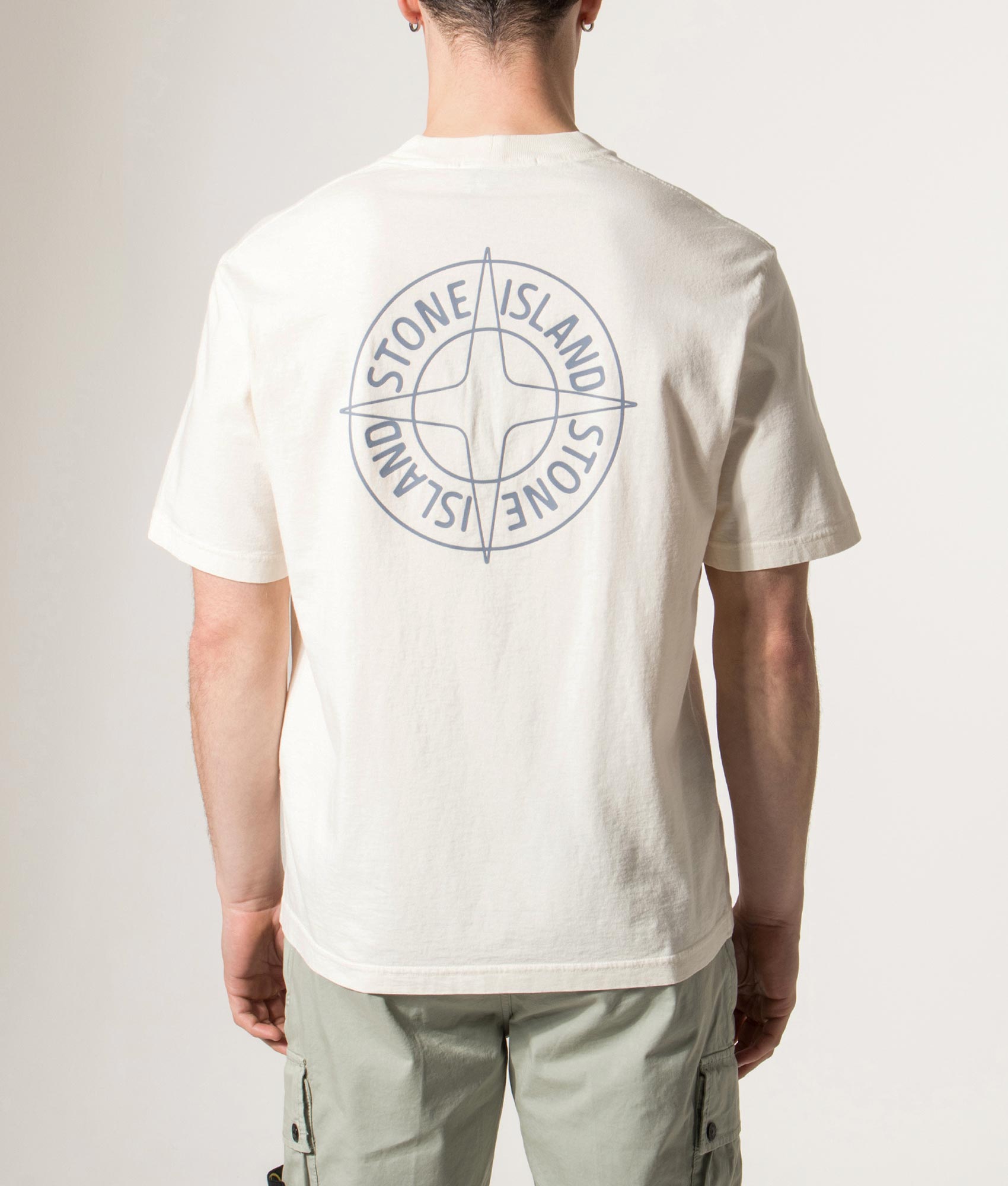 Stone Island ‘Outline Compass’ print T-Shirt in Ivory at EQVVS Menswear. Model Back shot.