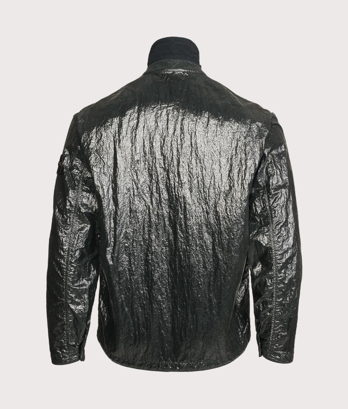 Stone Island Comfort Fit Nylon Lucido Overshirt in Dark Green at EQVVS Menswear. Back shot.