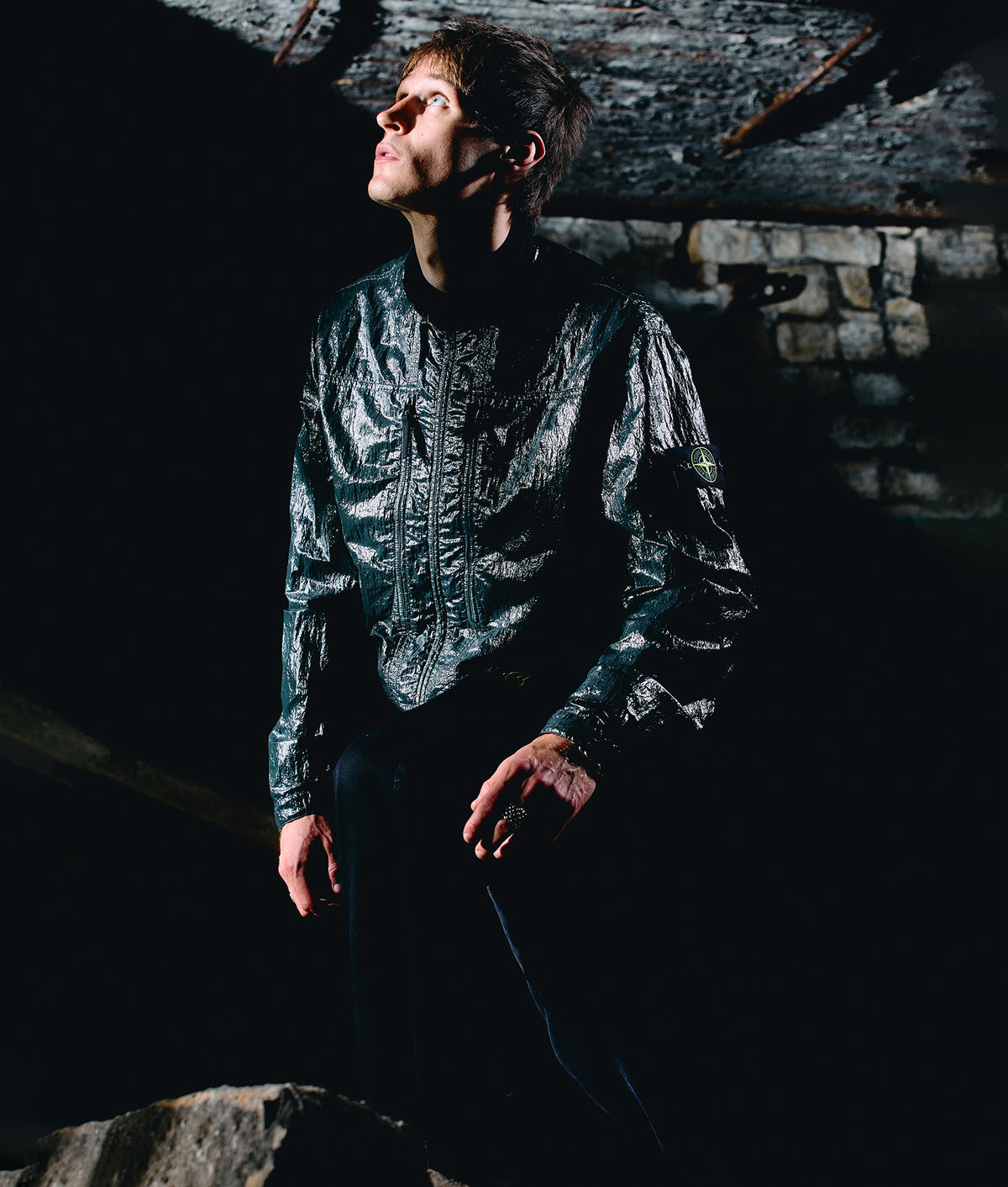 Stone Island Comfort Fit Nylon Lucido Overshirt in Dark Green at EQVVS Menswear. Campaign Shot.