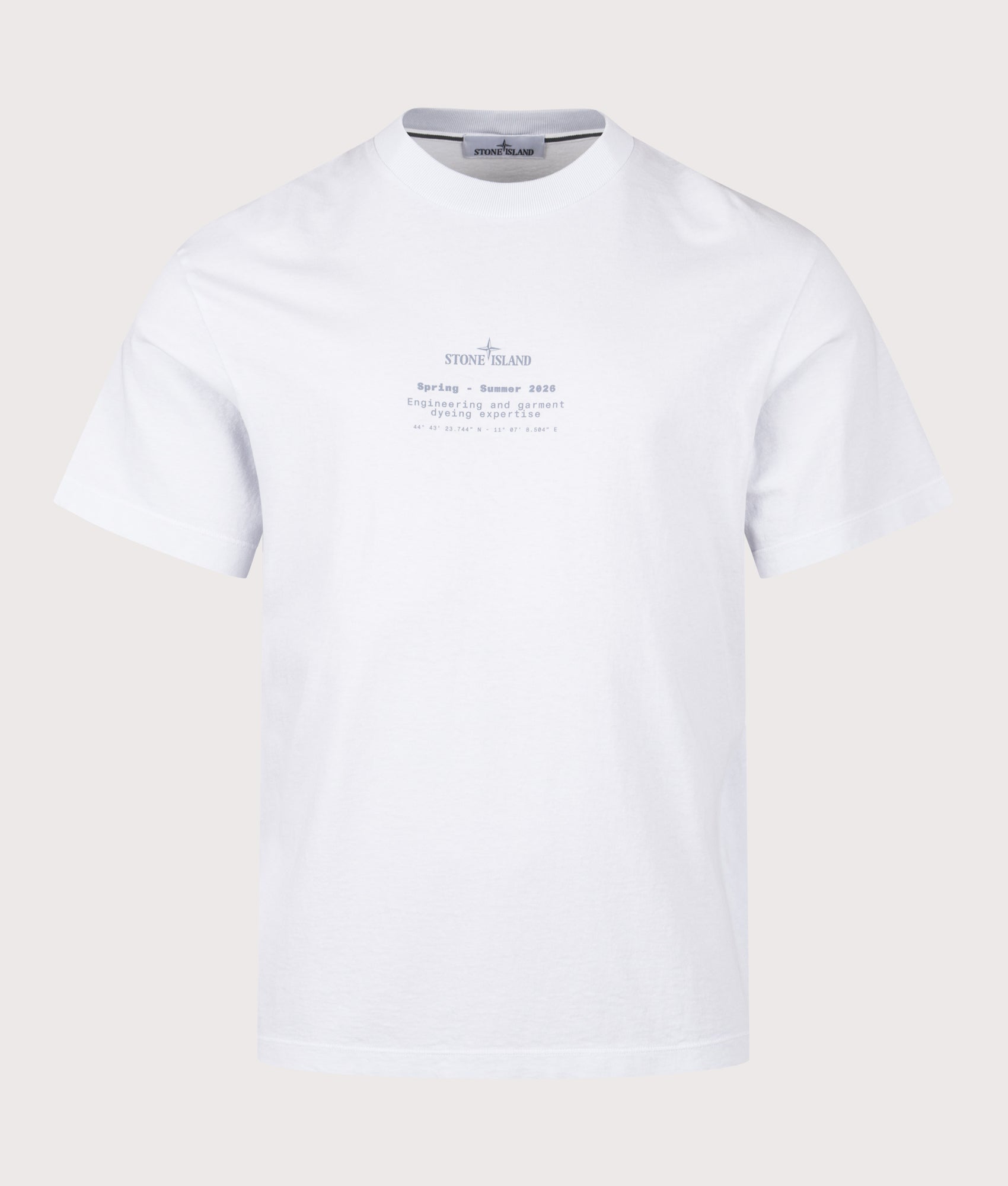 Stone Island Relaxed Fit Stone Back Print T-Shirt in Sky Blue at EQVVS Menswear. Front shot.