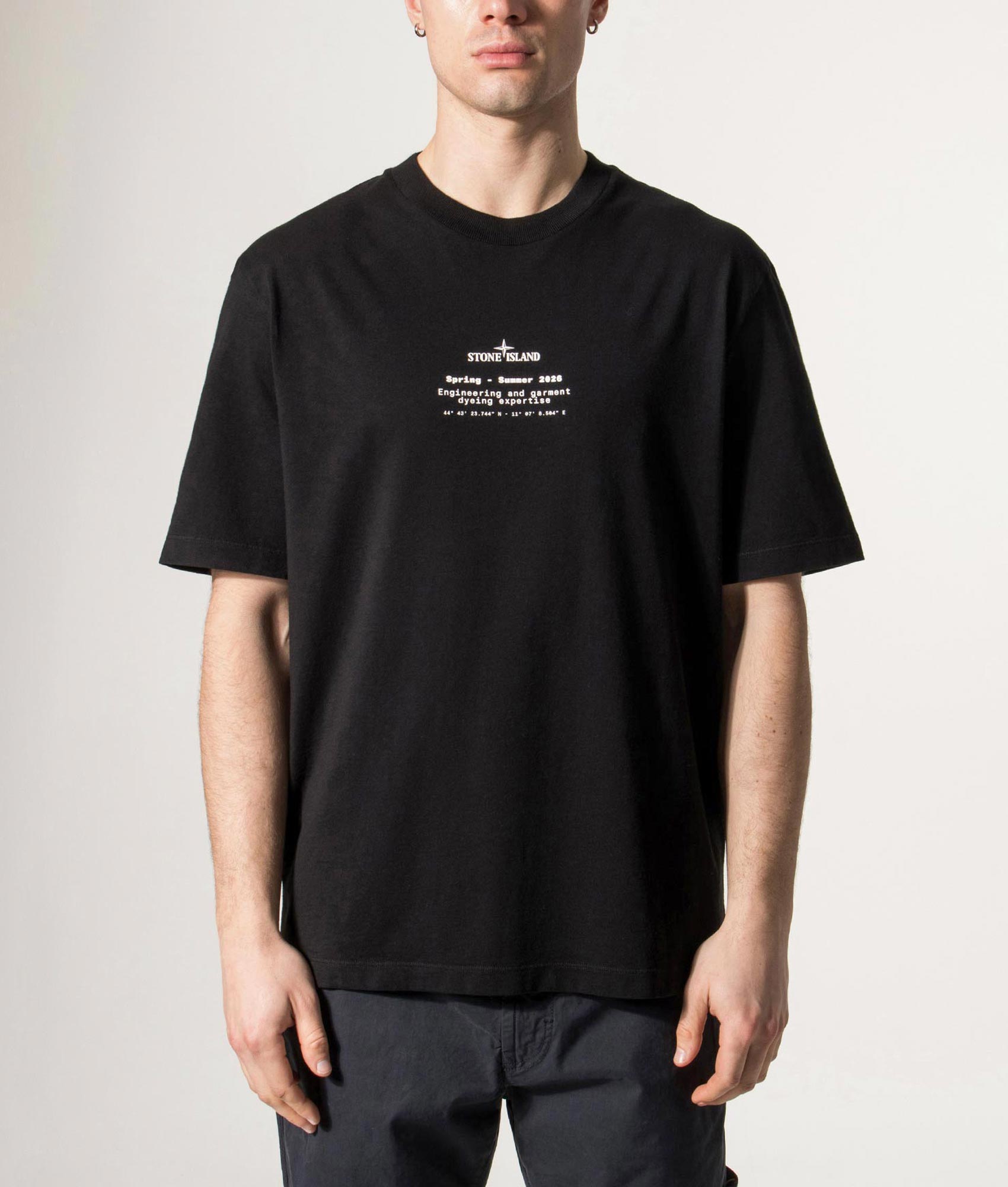 Relaxed fit ‘Stone’ Back Print T-Shirt in  Black at EQVVS Menswear. Model front shot.