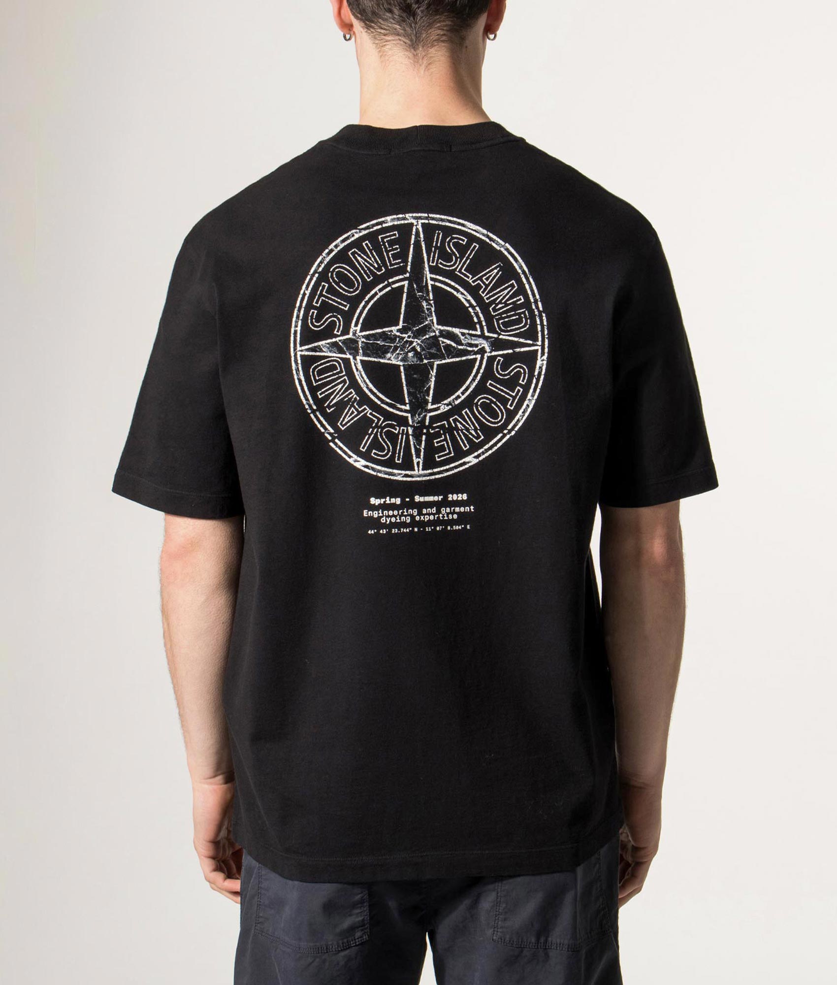 Relaxed fit ‘Stone’ Back Print T-Shirt in  Black at EQVVS Menswear. Model Back shot.