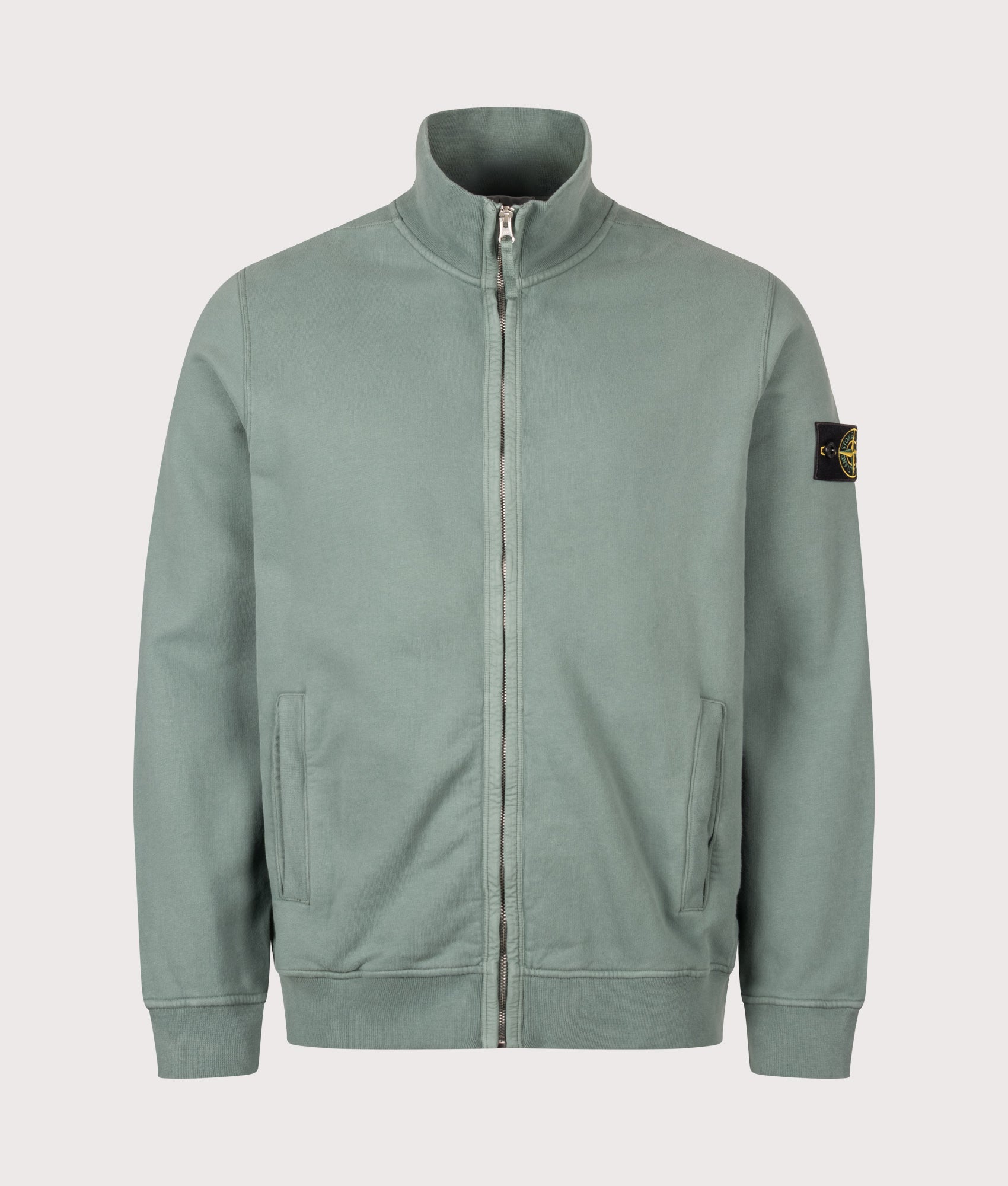 Stone Island Brushed Cotton Zip Through Track Top in Ocean Green at EQVVS Menswear. Front shot.