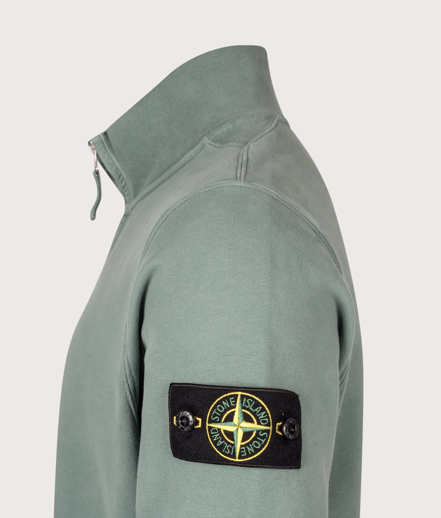Stone Island Brushed Cotton Zip Through Track Top in Ocean Green at EQVVS Menswear. Detail shot.