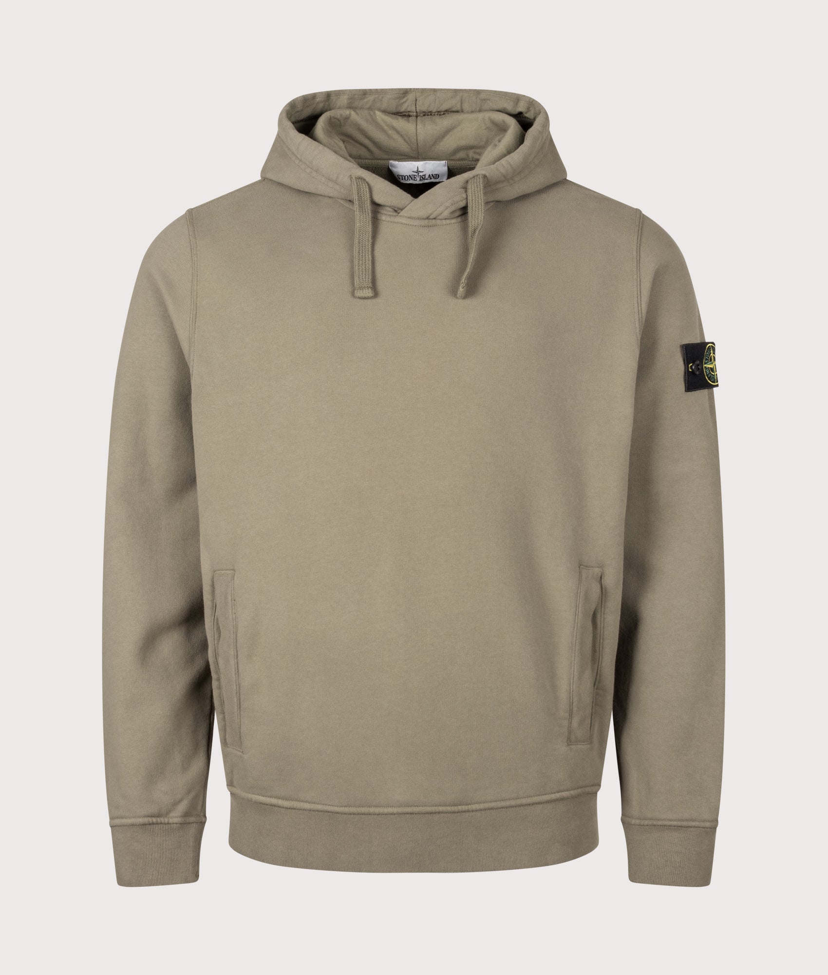 Stone Island Brushed Organic Cotton Fleece Hoodie in Military Green at EQVVS Menswear. Front shot.