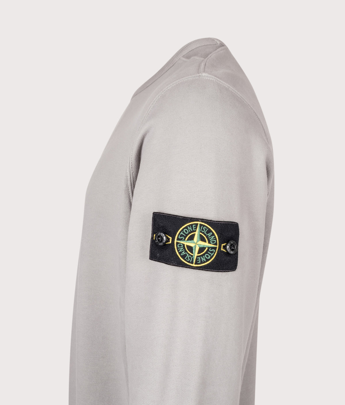 Stone Island Brushed Organic Cotton Fleece Sweatshirt in Gray at EQVVS Menswear. Detail shot.