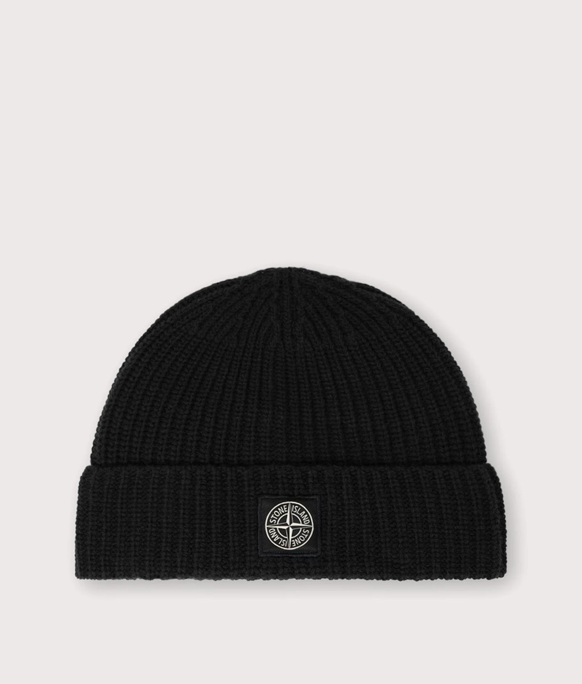 Stone Island Light RWS Geelong Wool Beanie in Black at EQVVS Menswear. Front shot.