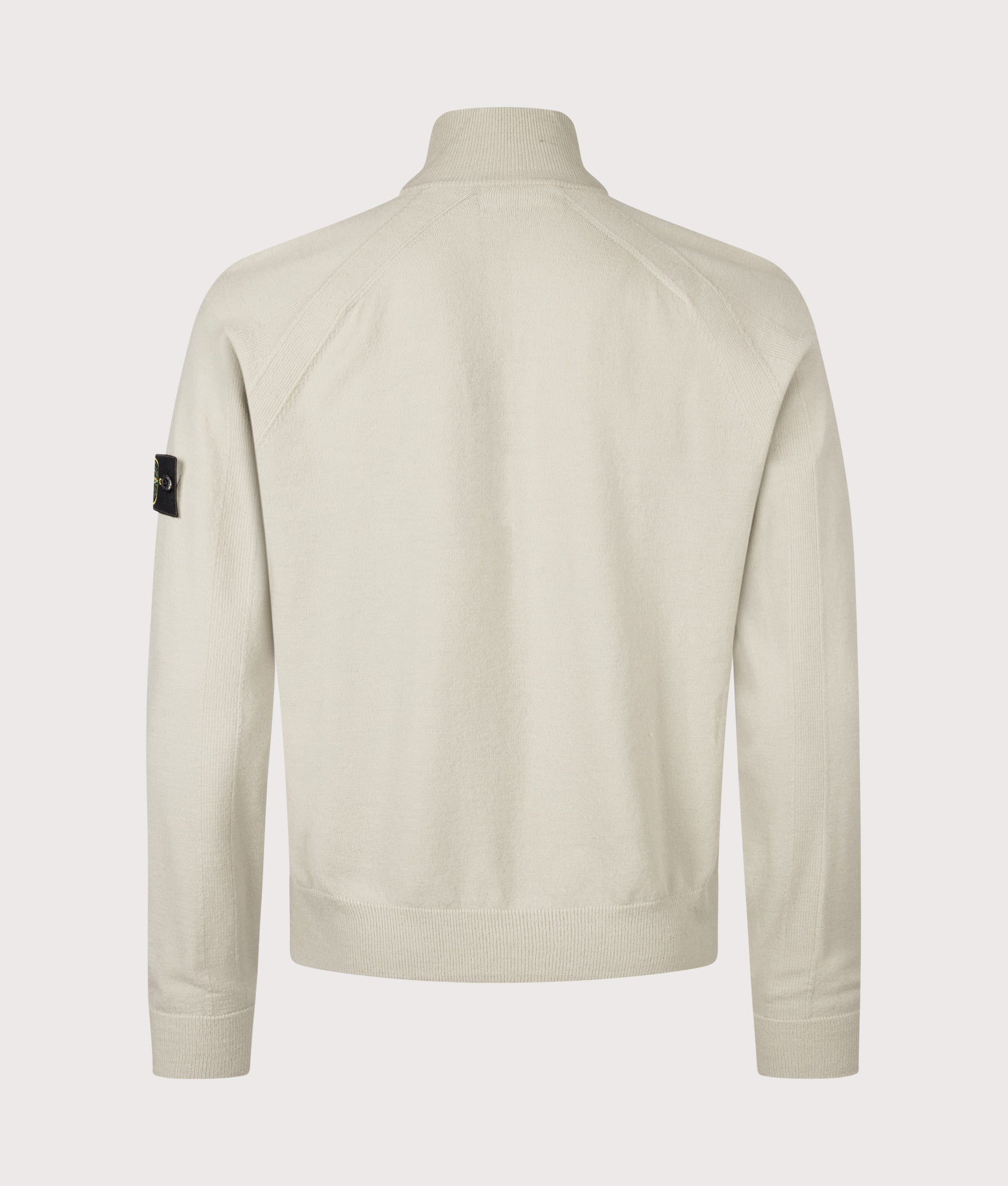 Stone Island Stretch RWS Wool Quarter Zip Jumper in Sand at EQVVS Menswear. Back shot.