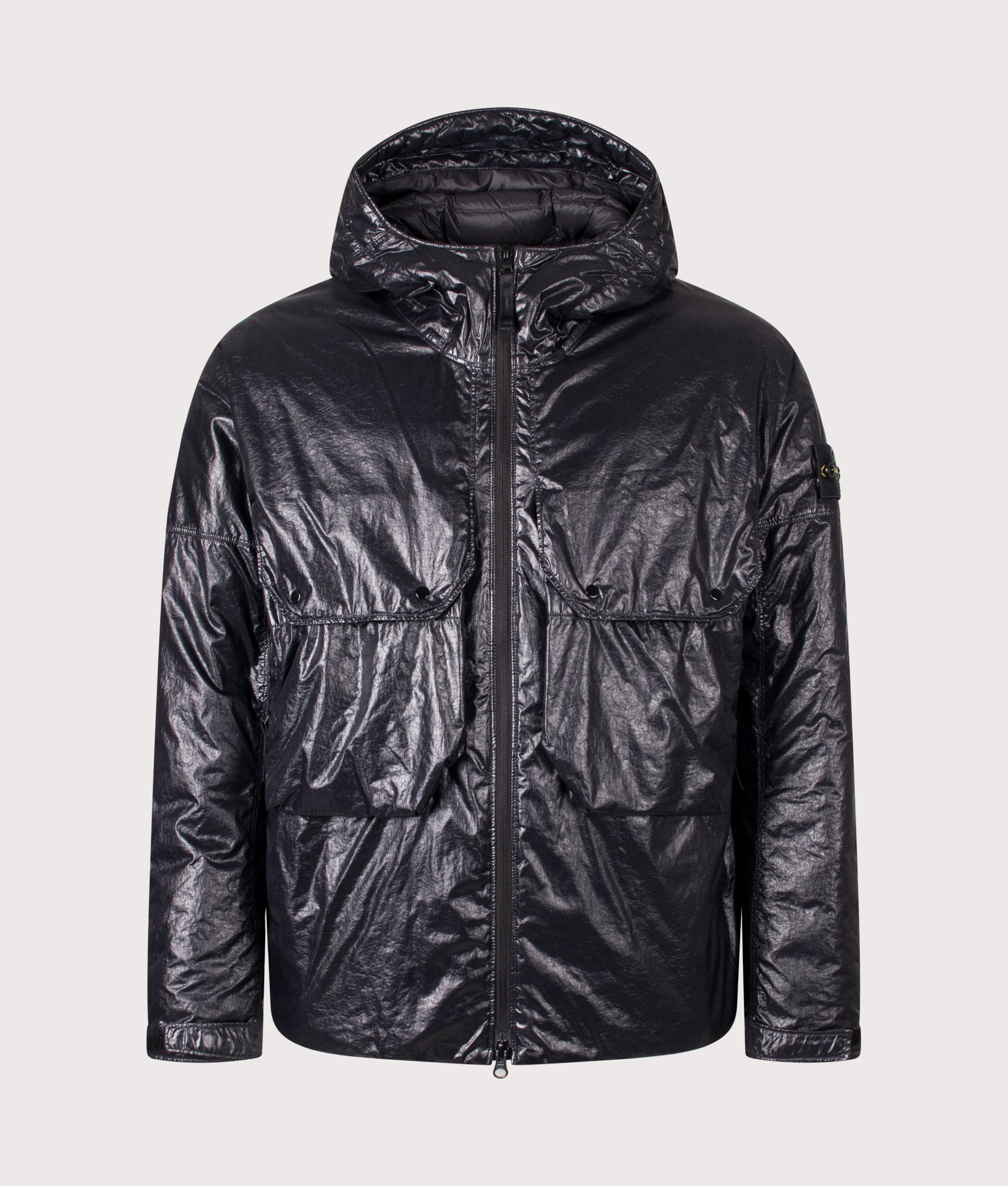 Stone Island Light Nylon 3L-TC Down Jacket in Black at EQVVS Menswear. Front shot.