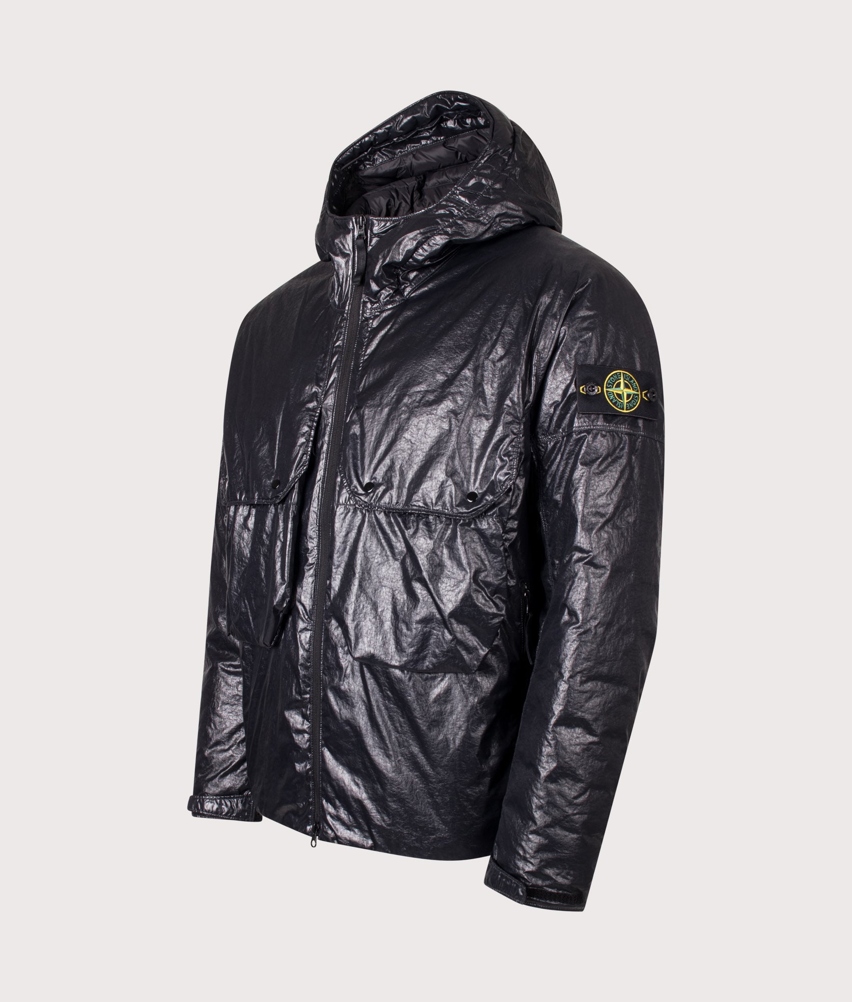Stone Island Light Nylon 3L-TC Down Jacket in Black at EQVVS Menswear. Angled front shot.