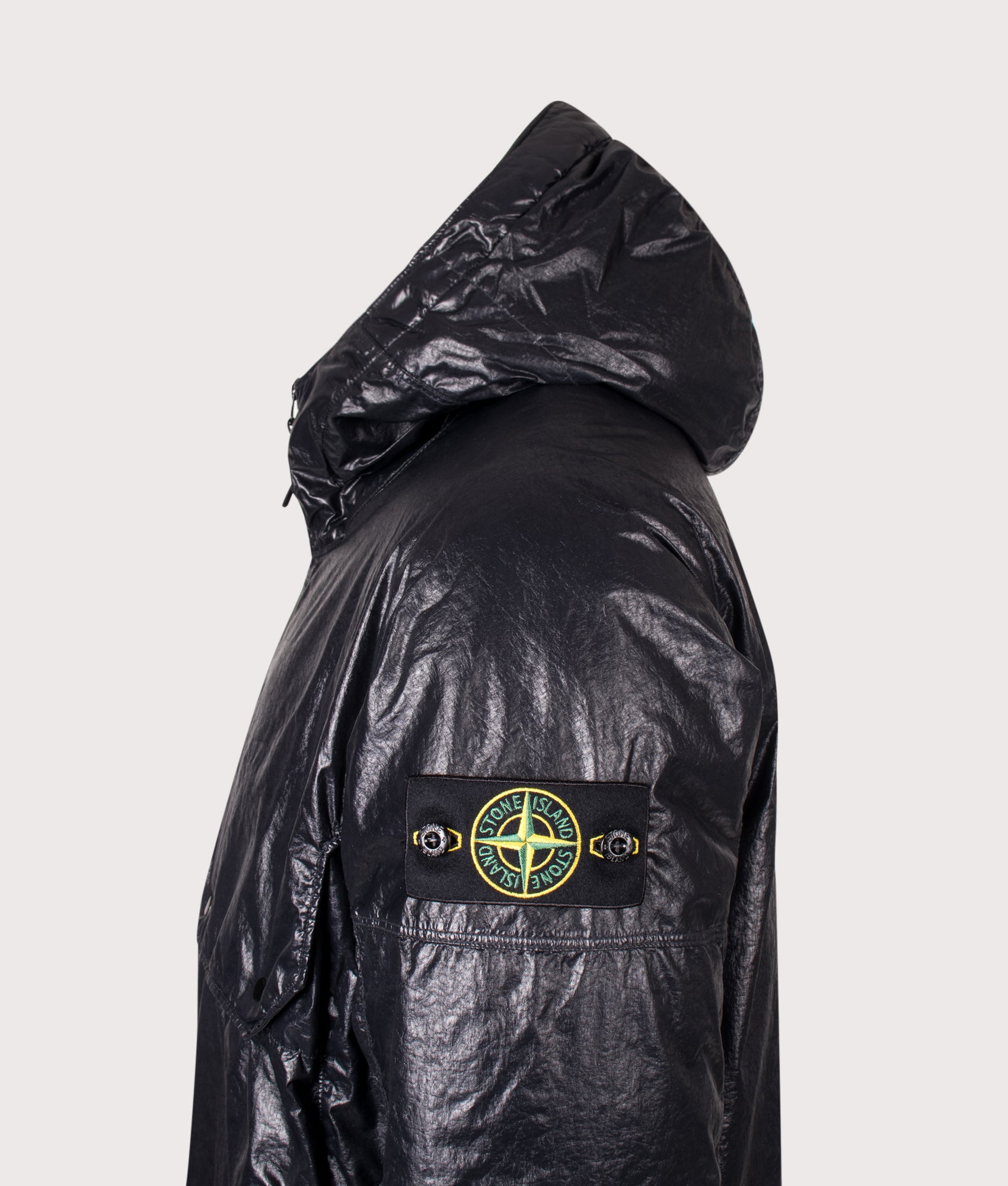 Stone Island Light Nylon 3L-TC Down Jacket in Black at EQVVS Menswear. Detail shot.