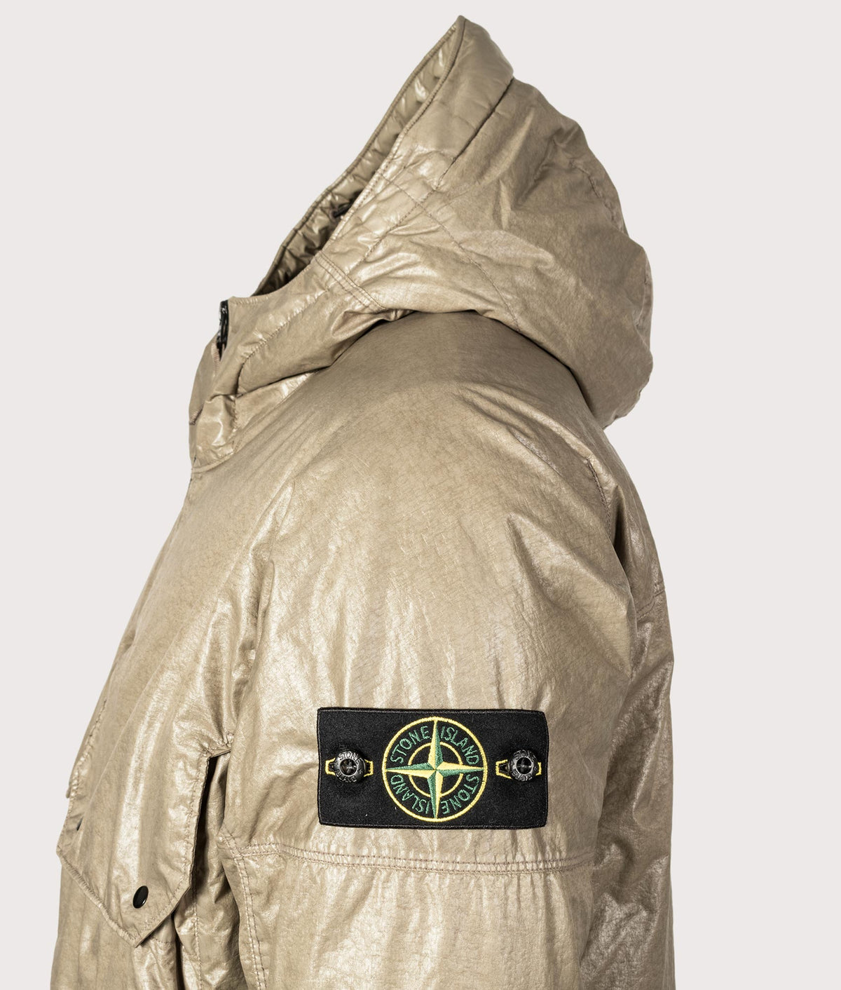 Light Nylon 3L-TC Down Jacket in Military Green at EQVVS Menswear. Detail shot.