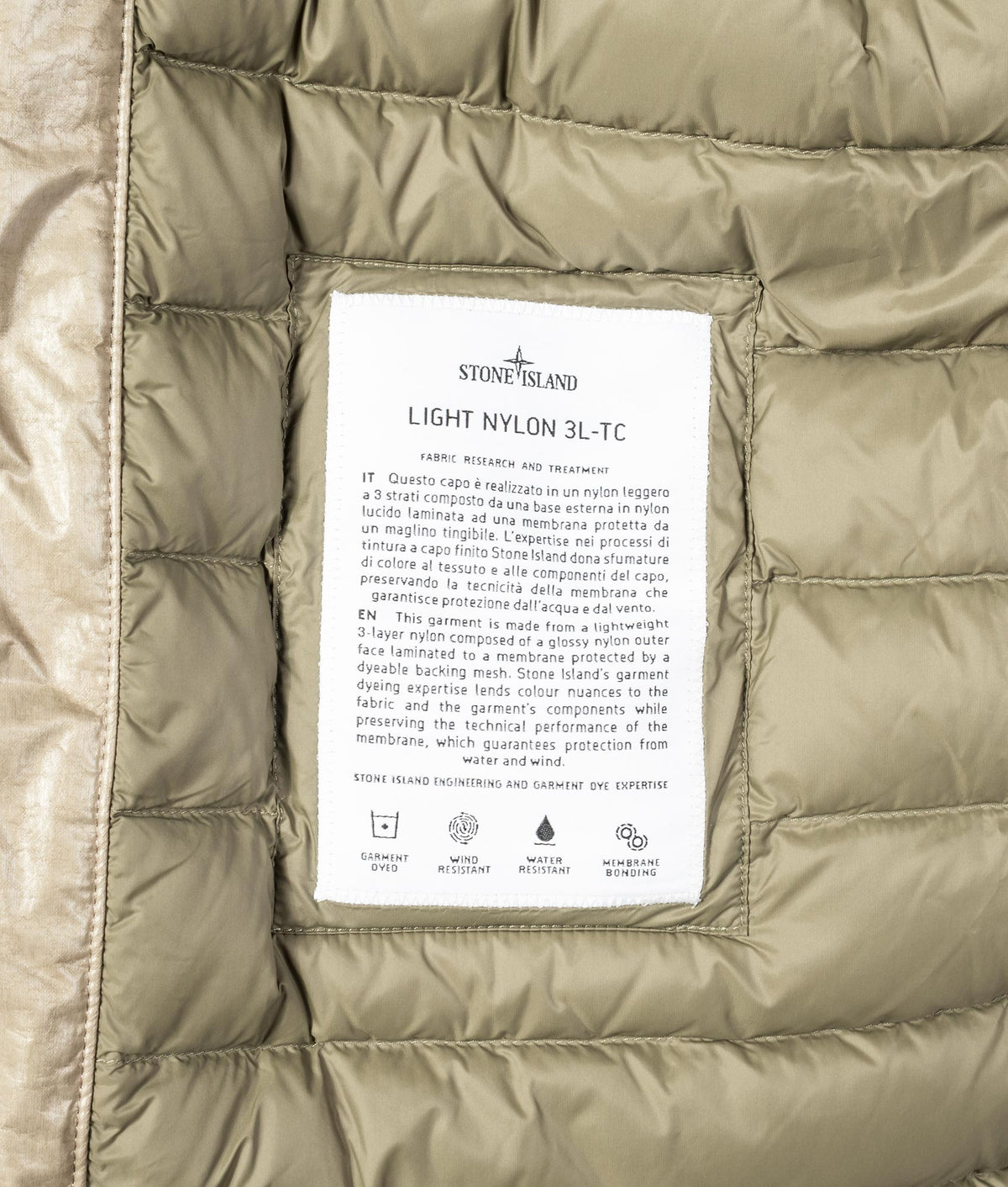 Light Nylon 3L-TC Down Jacket in Military Green at EQVVS Menswear. Label shot.