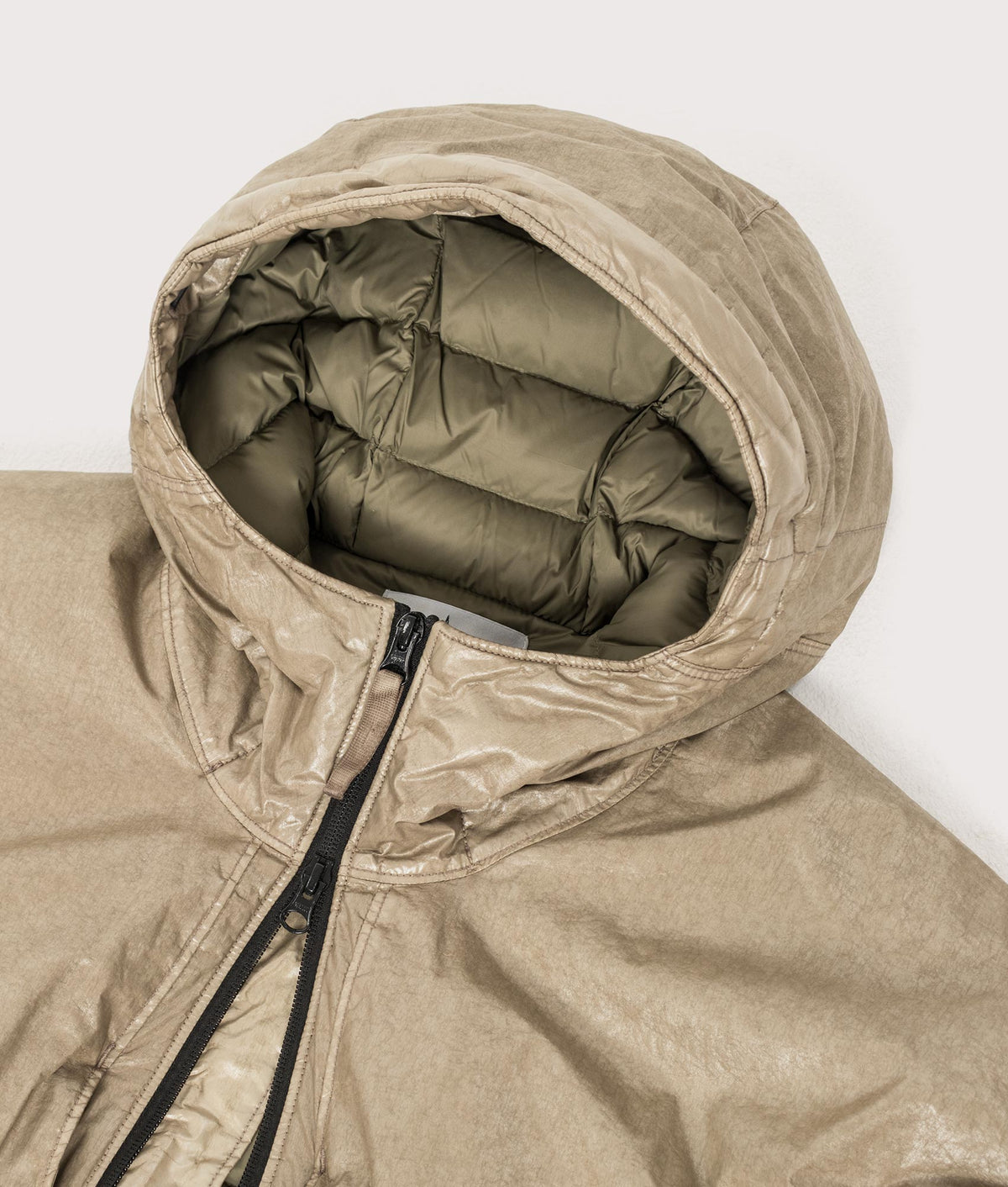 Light Nylon 3L-TC Down Jacket in Military Green at EQVVS Menswear. Hood shot.